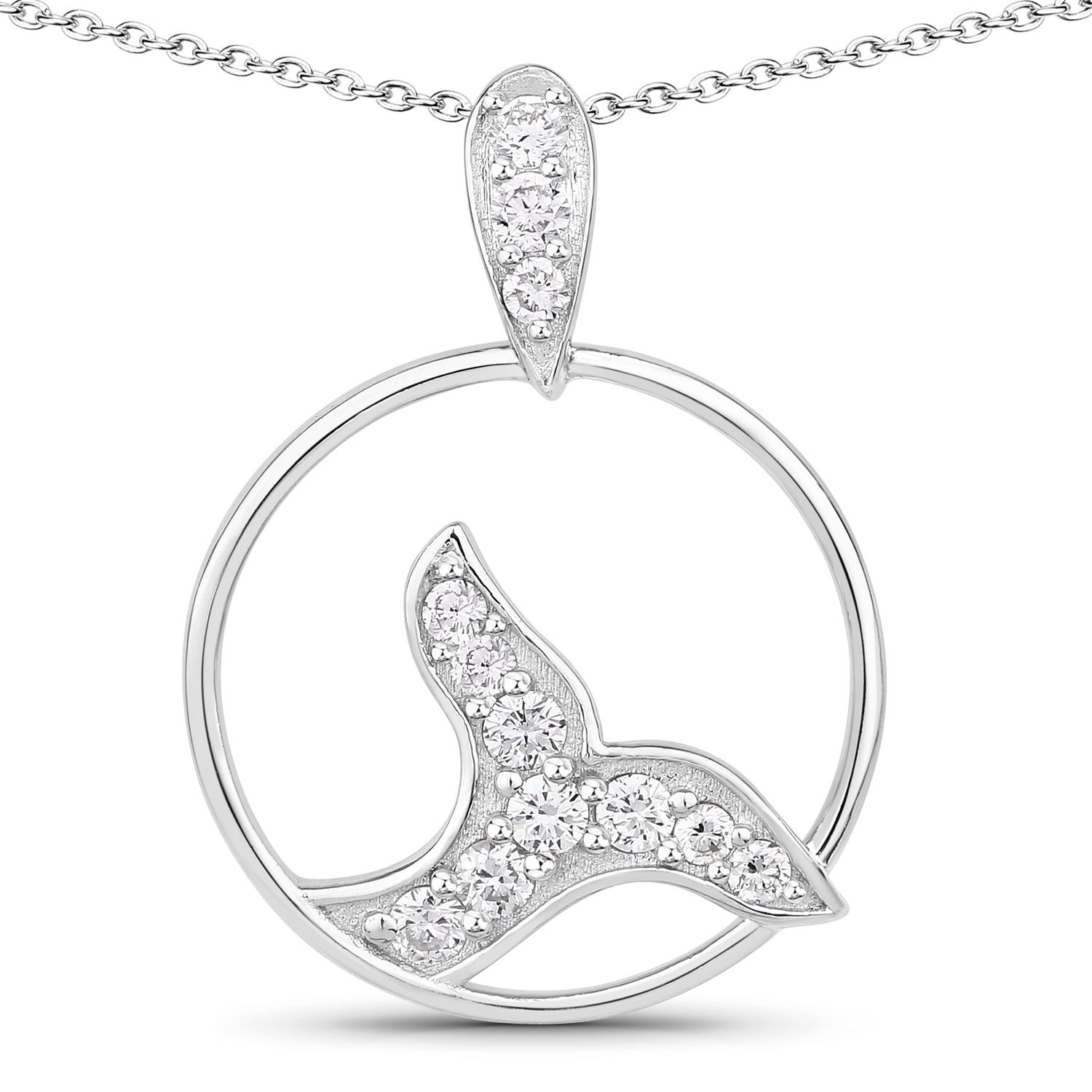 0.34 Cttw Round Lab Diamond Rhodium Plated Silver Whale Tail Circle Pendant Necklace