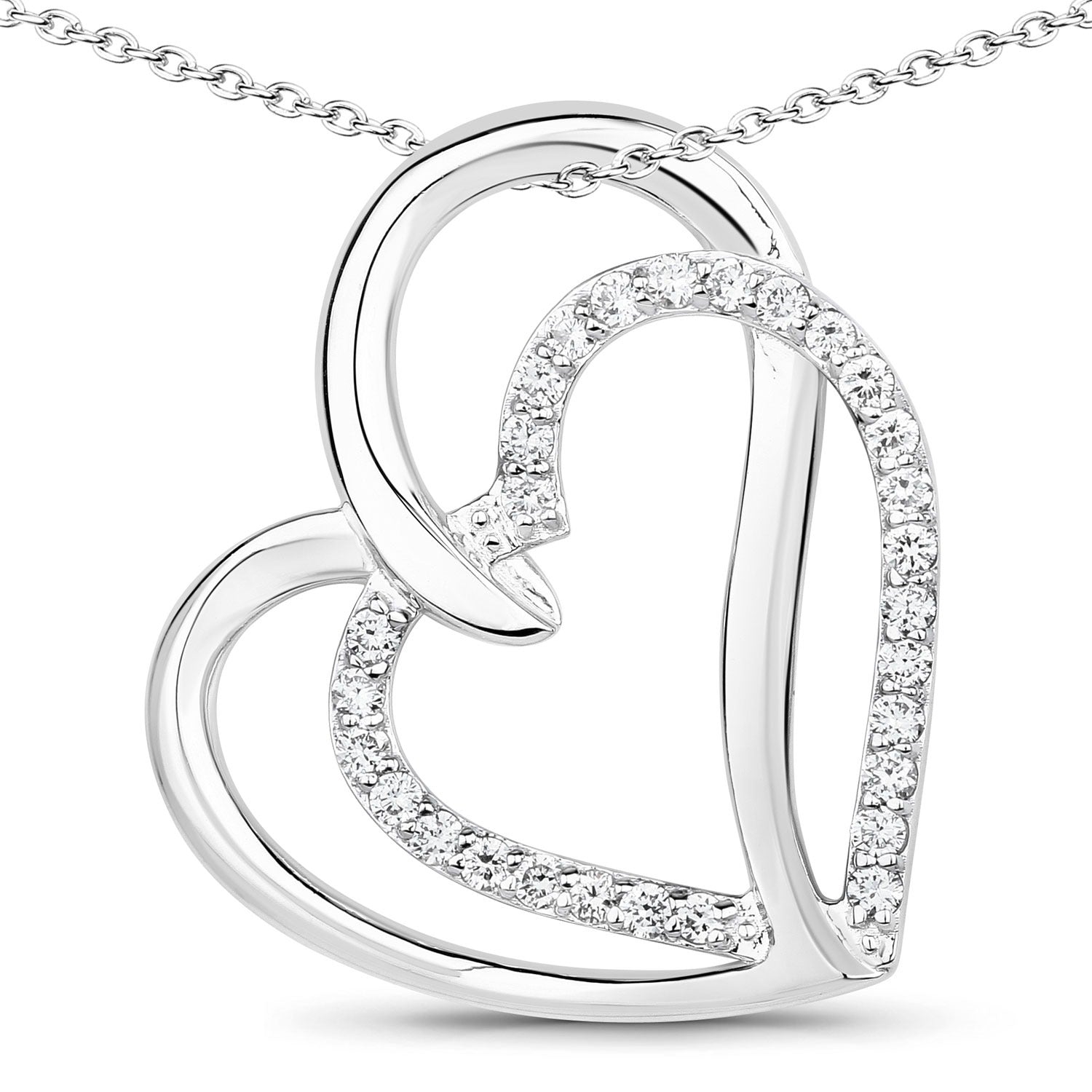 0.52 Cttw Round Lab Diamond Rhodium Plated Silver Intertwined Double Heart Pendant Necklace
