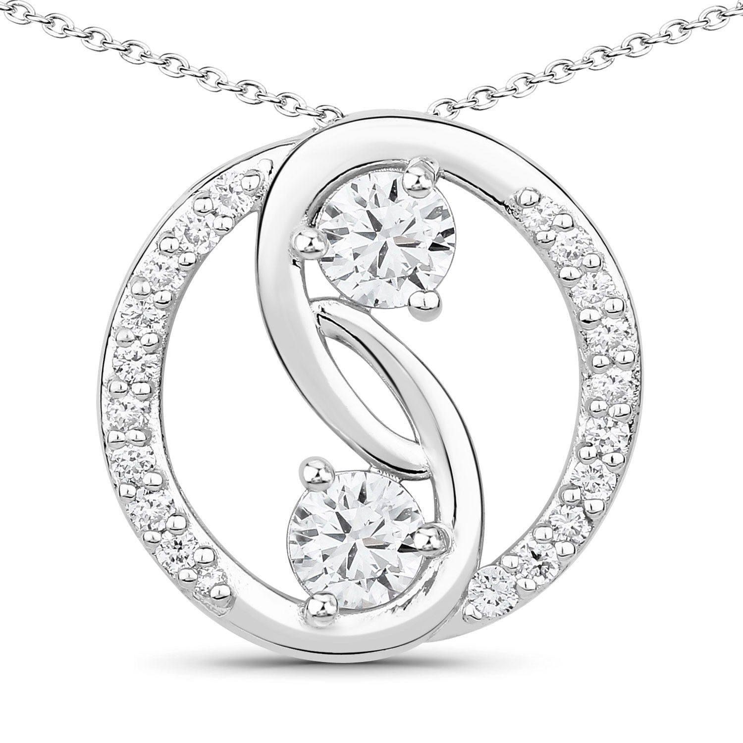1 Cttw Round Lab Diamond Rhodium Plated Silver Two Stone Swirl Circle Pendant Necklace