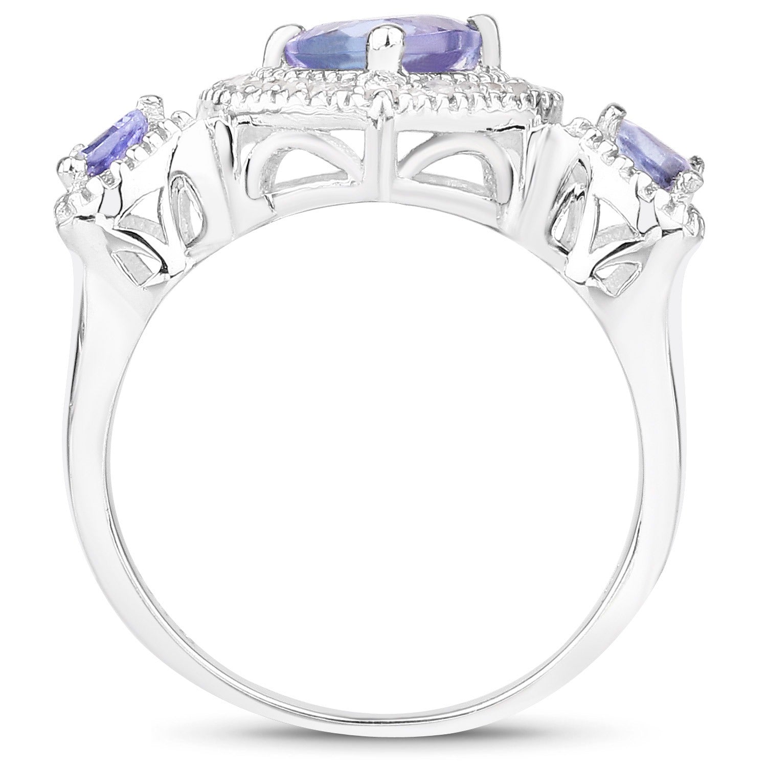 0.95 Ct Heart Violet Tanzanite & Diamond Prong Silver Halo Three Stone Ring