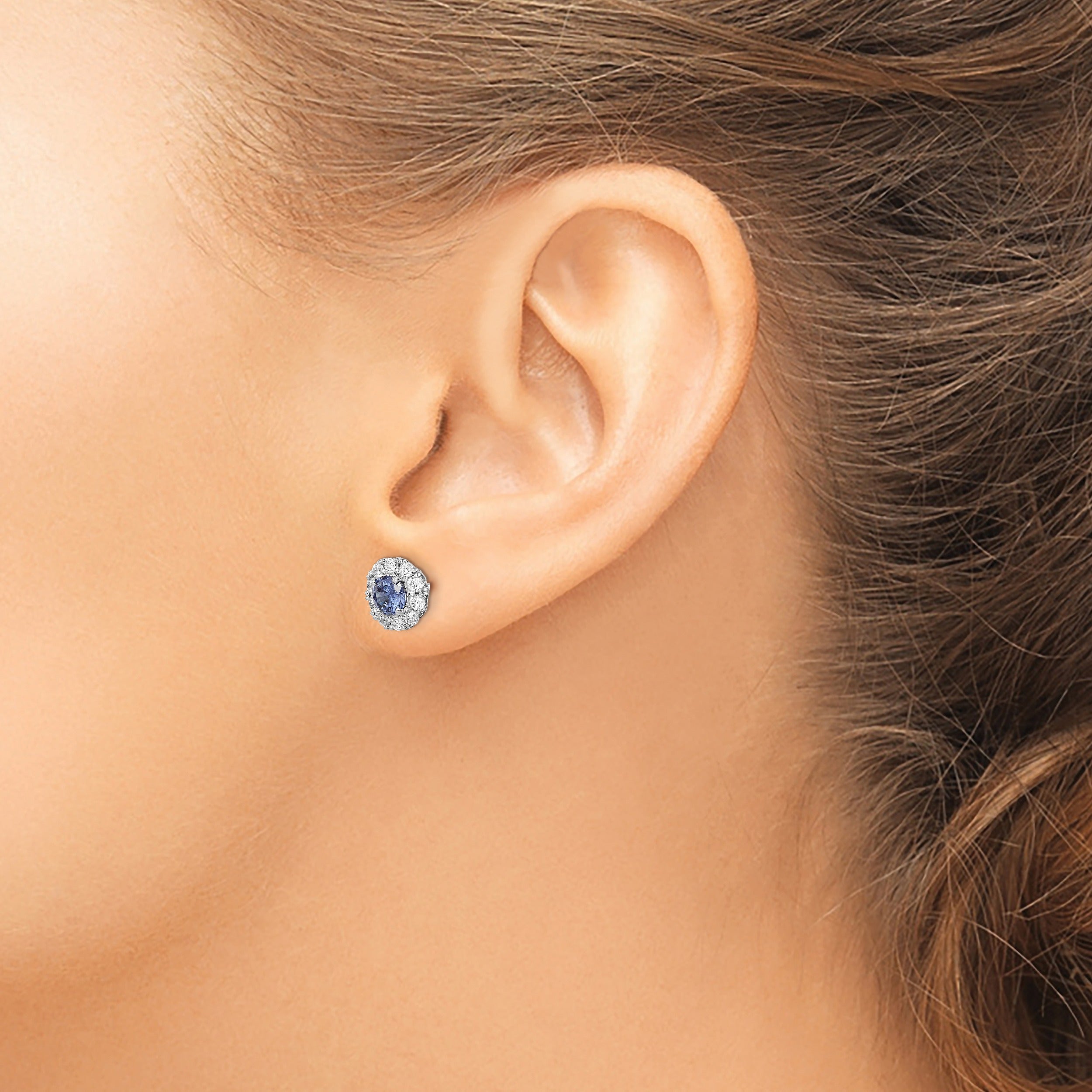 Round Blue Cubic Zirconia Prong Rhodium Plated Silver Halo Post Button Earrings