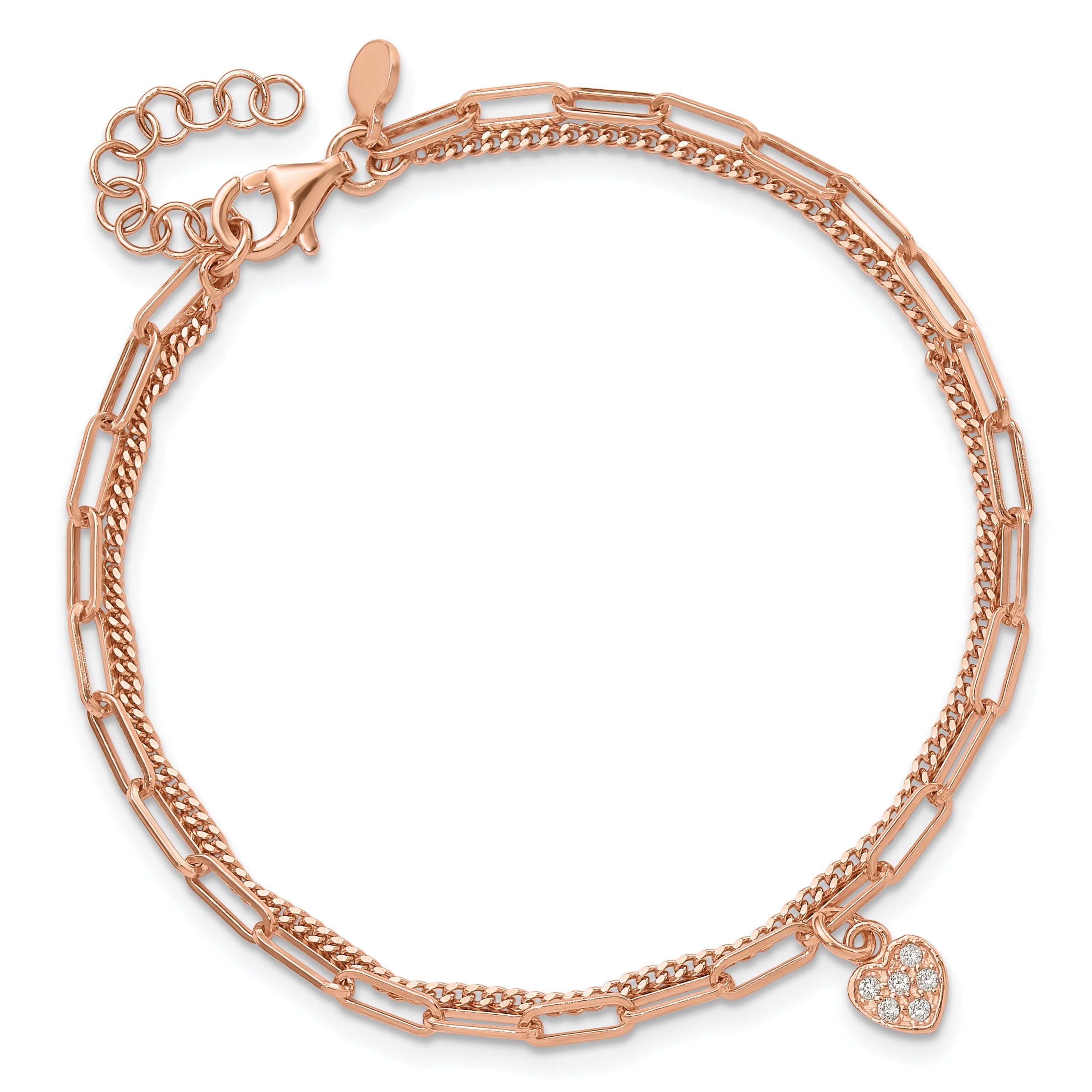 Cubic Zirconia Rose Gold Over Silver Heart Unisex Link Bracelet