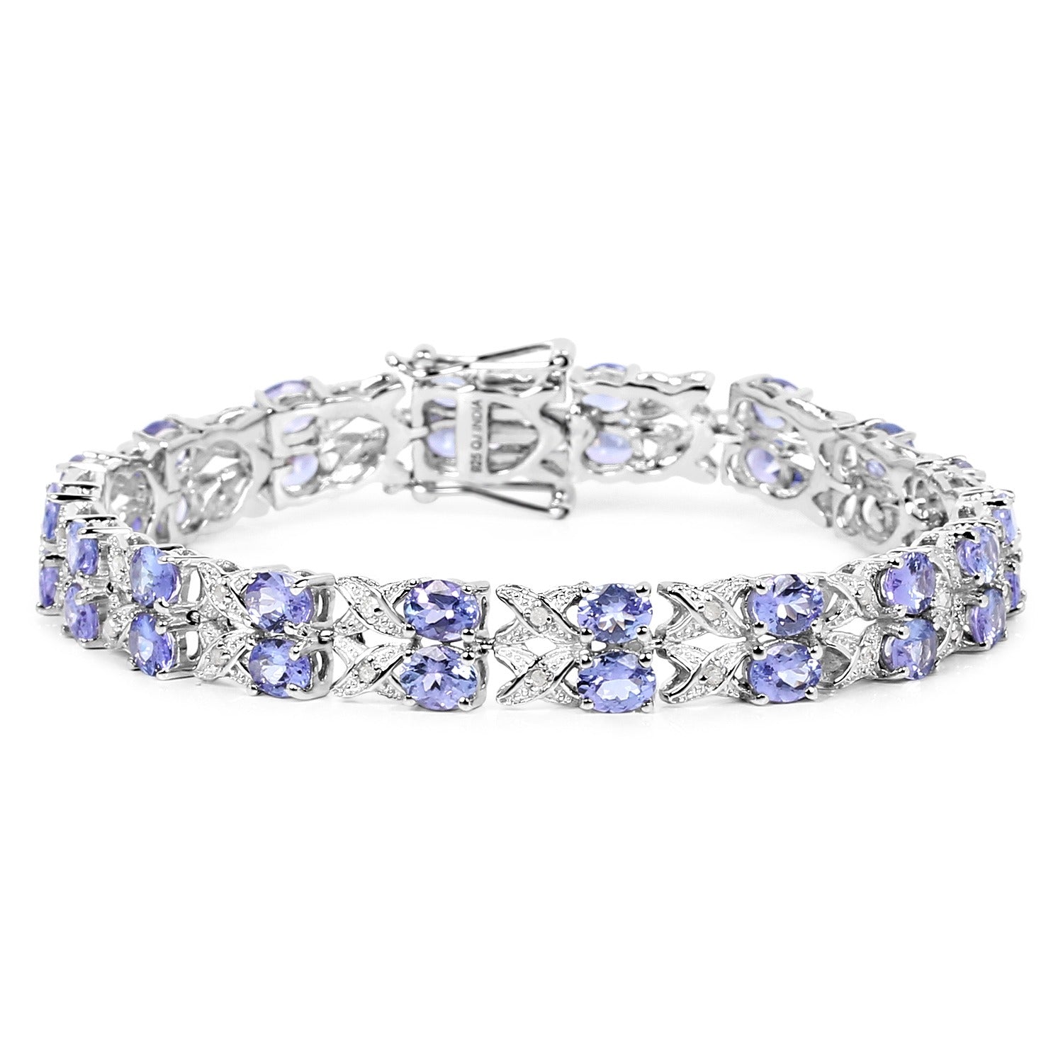 12.24 Ct Oval Violet Tanzanite and White Topaz Sterling Silver Two Row X-Link Bracelet