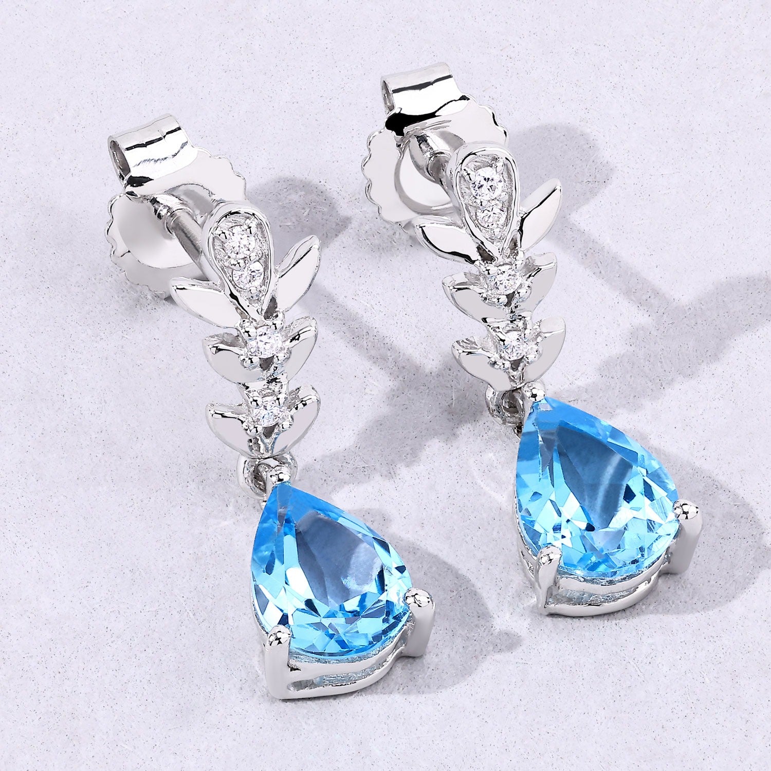 Genuine Swiss Blue Topaz and Lab Diamond Earrings Silver