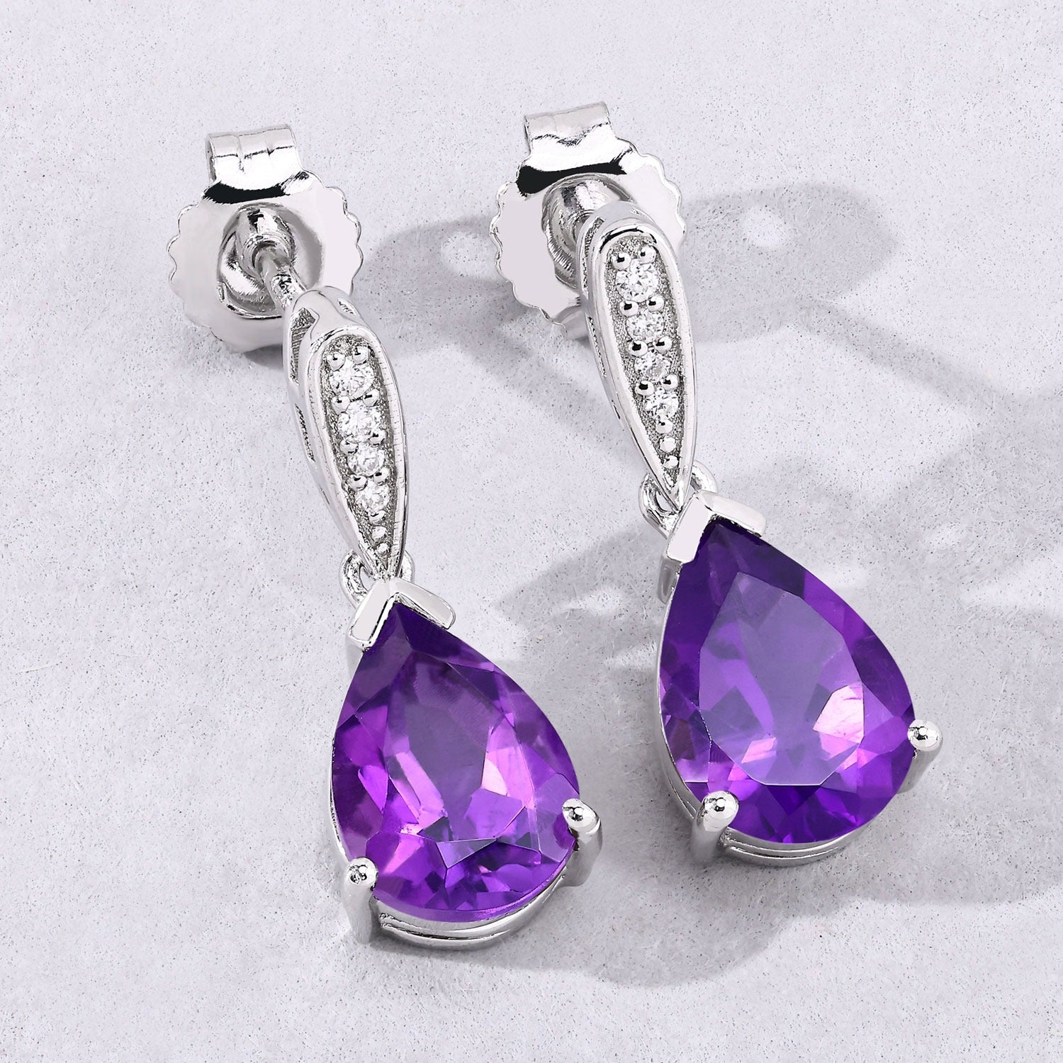 Genuine Amethyst and Lab Grown Diamond Silver Earrings