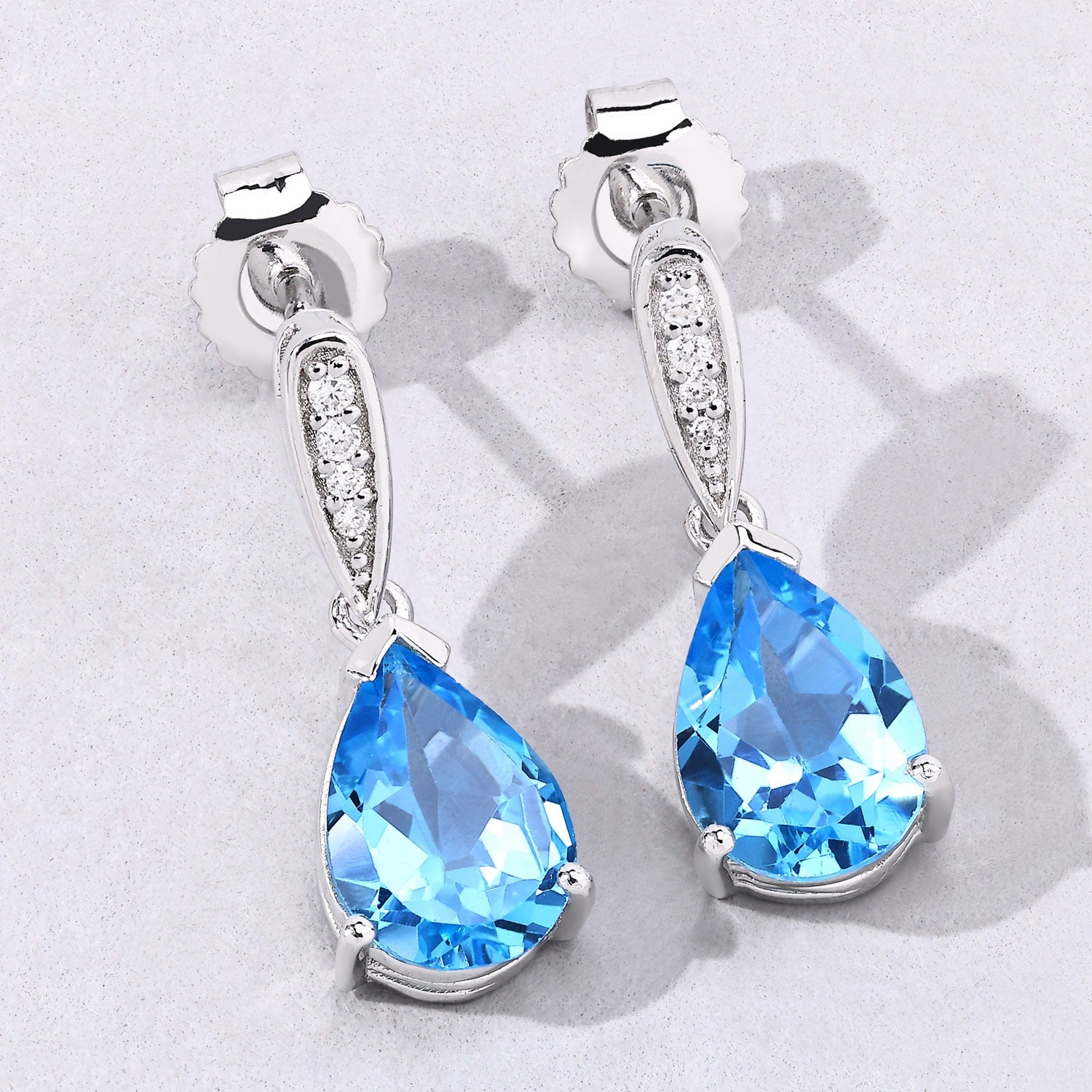 Genuine Swiss Blue Topaz and Lab Diamond Earrings Silver