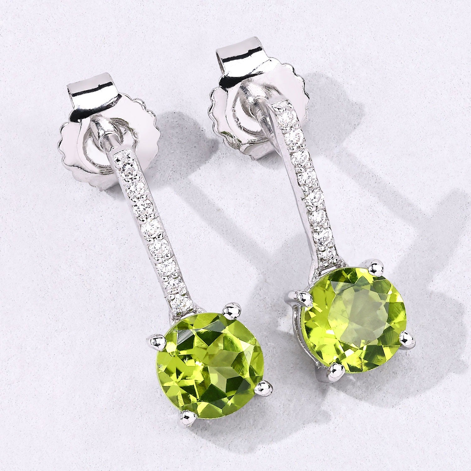 Genuine Peridot and Diamond Silver Earrings