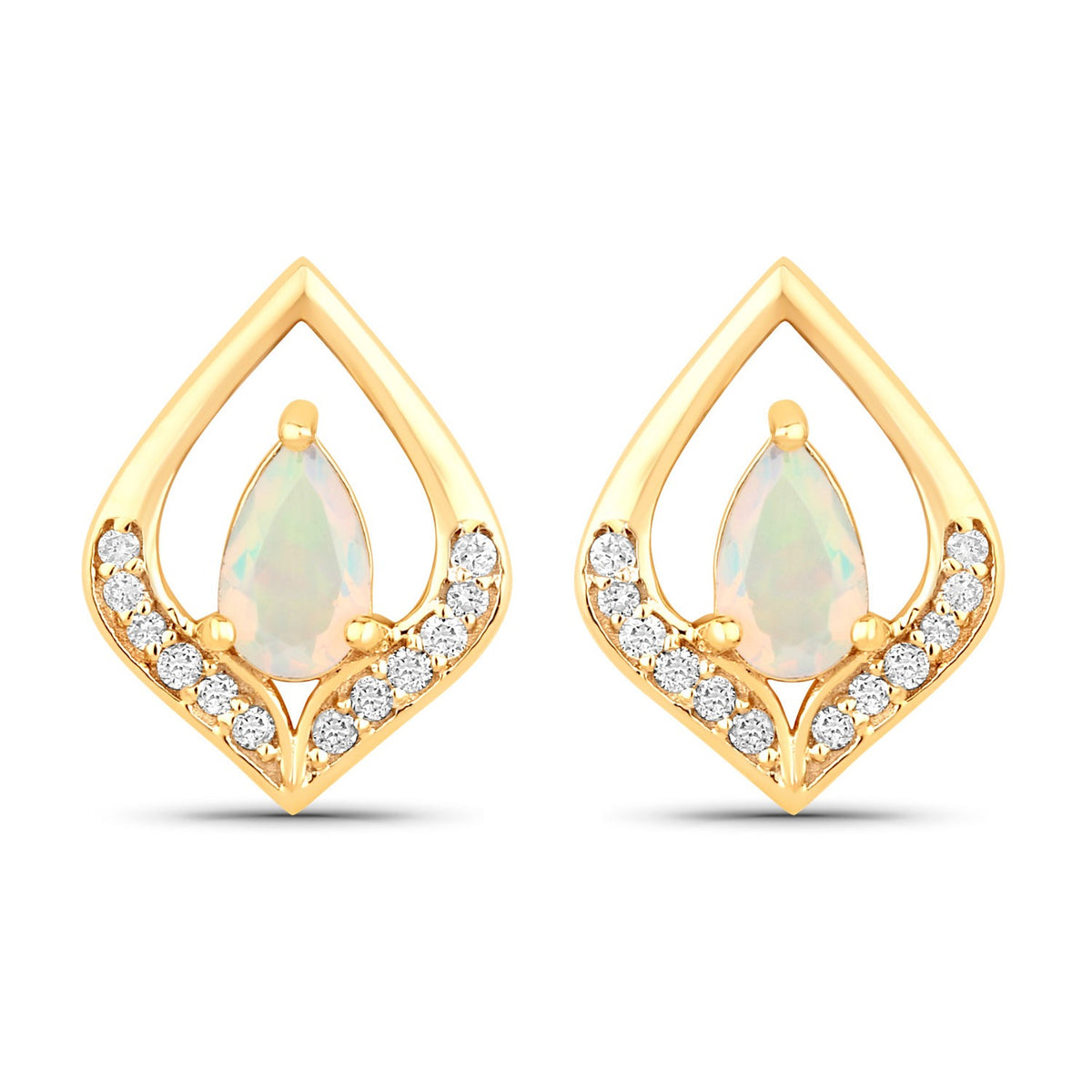 0.34 Cttw Pear White Ethiopian Opal White Natural Diamond 14K Yellow Gold Stud Earrings