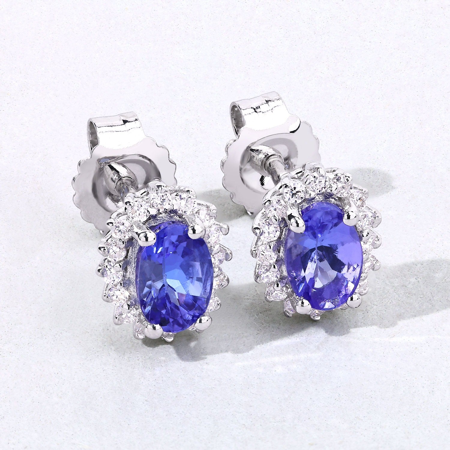 Genuine Tanzanite Lab Diamond Silver Halo Earrings