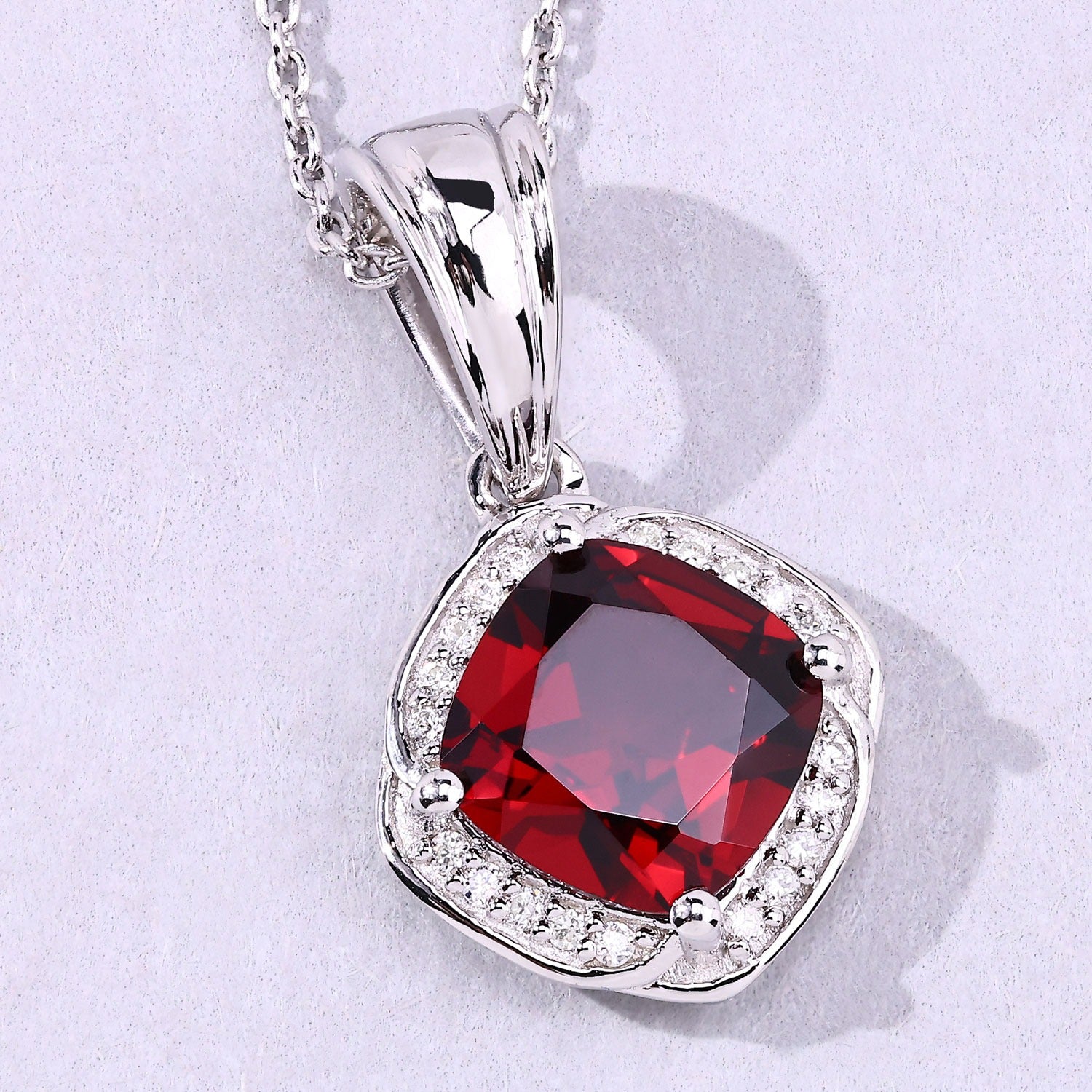 2.45 Ct. Genuine Red Garnet and Lab Diamond Silver Cushion Cut Halo Necklace Fine Color Jewels