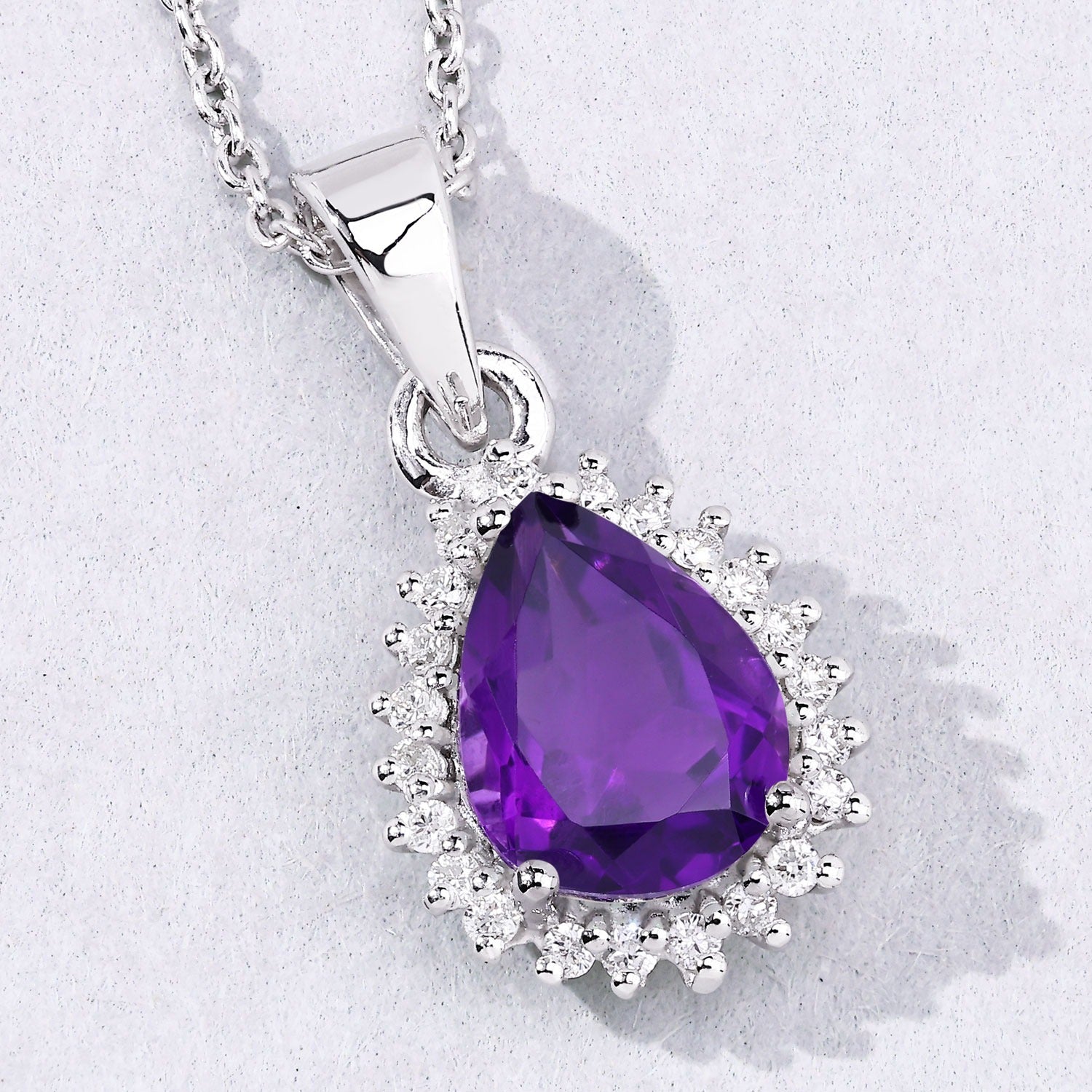 1.57 Ct Genuine Amethyst and Lab Diamond Silver Teardrop Necklace
