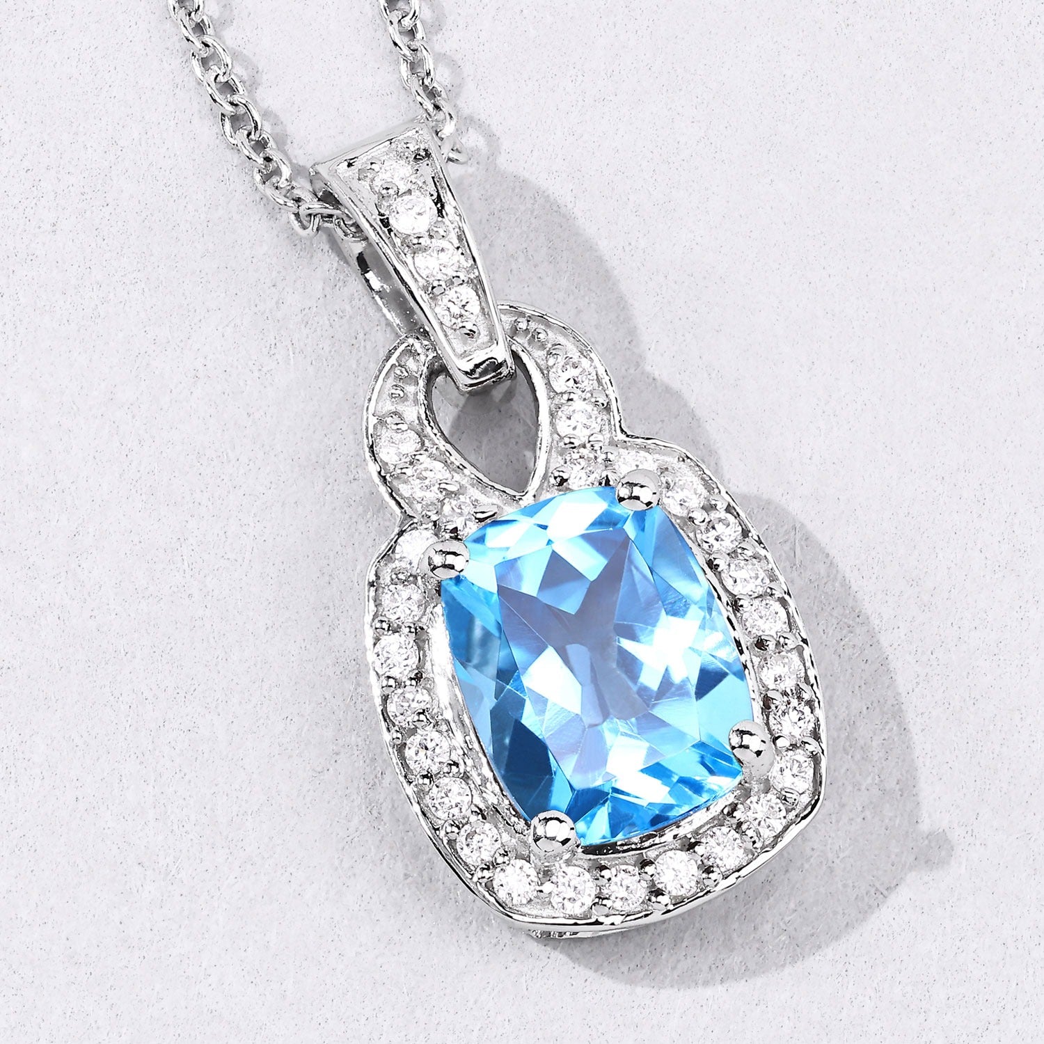 2.88 Ct Genuine Swiss Blue Topaz and Lab Diamond Silver Pendant Necklace