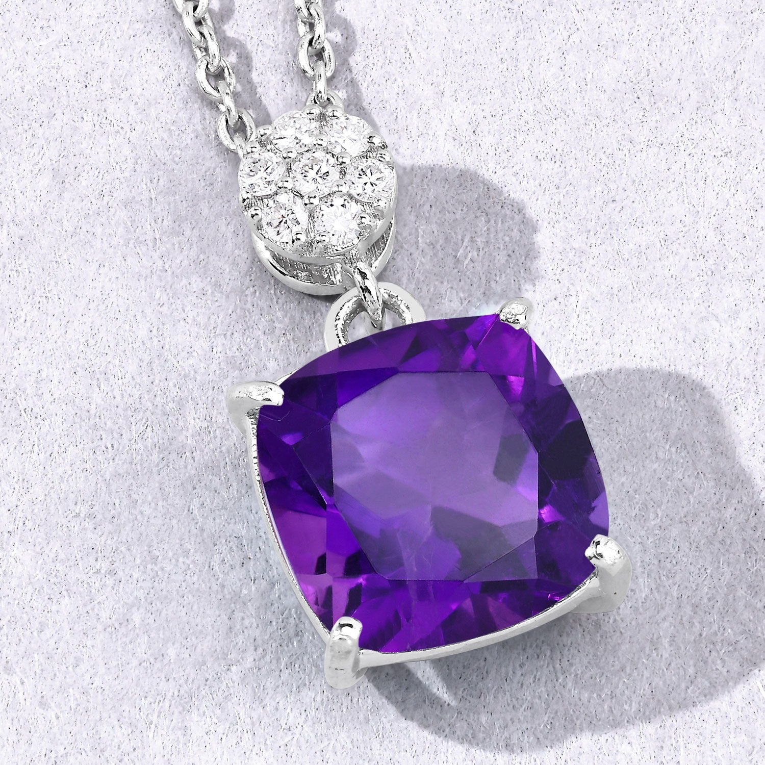 2.67 Ct Genuine Purple  Amethyst and Lab Diamond Silver Cushion Necklace