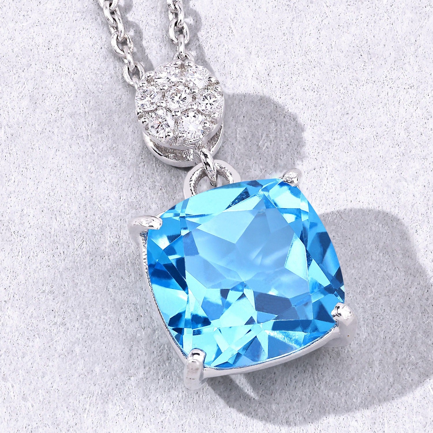 3.47 Ct Genuine Swiss Blue Topaz and Lab Diamond Silver Cushion Necklace