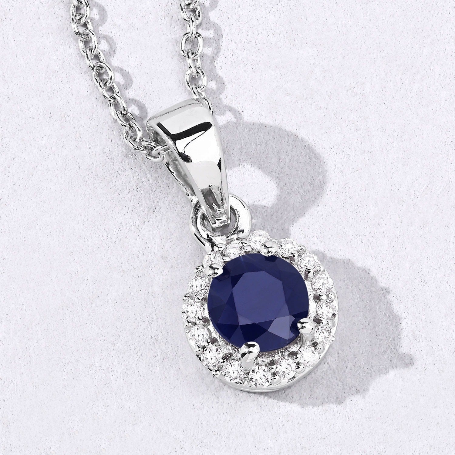0.75 Ct Genuine Blue Sapphire and Lab Diamond Silver Round Necklace