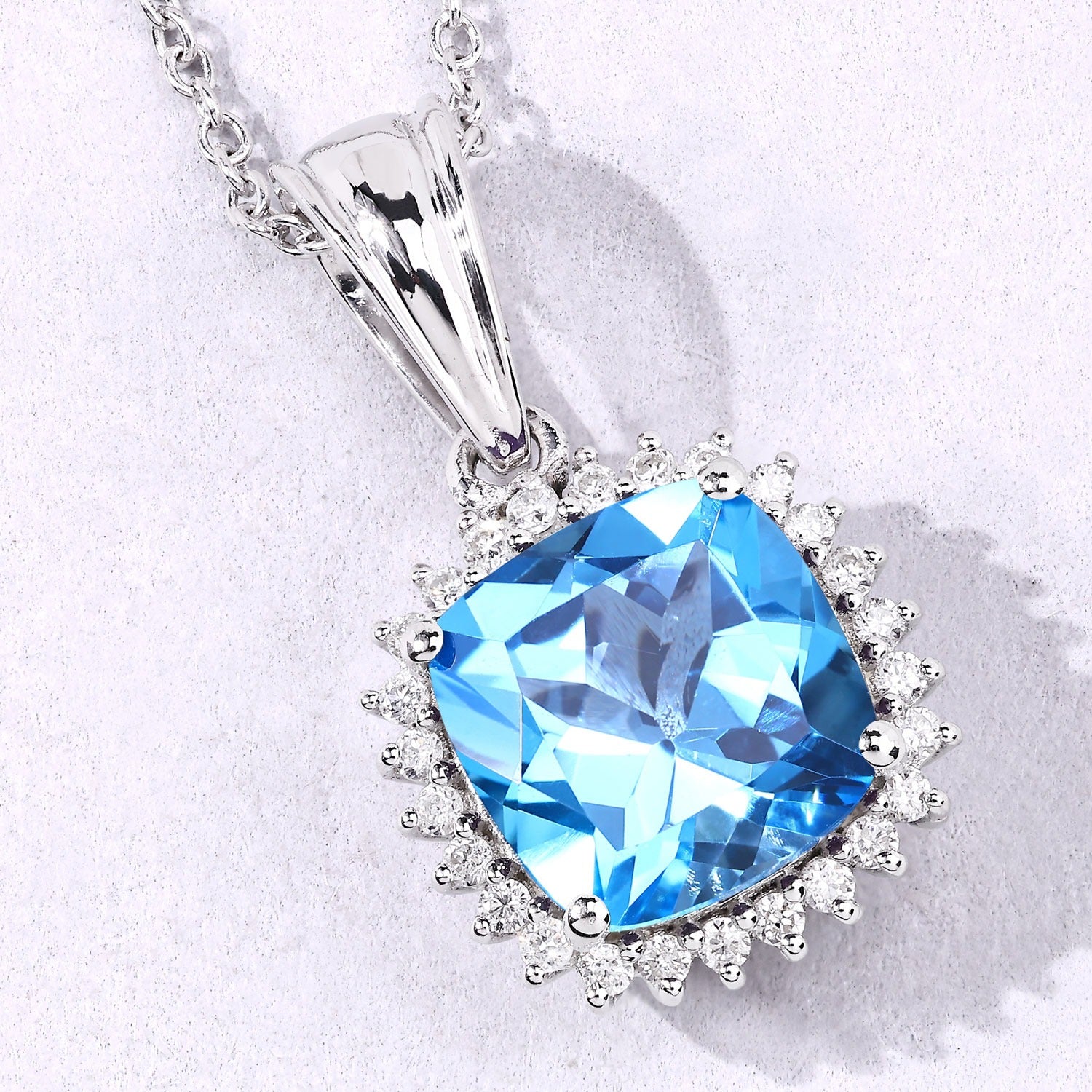 3.60 Ct Genuine Swiss Blue Topaz and Lab Diamond Silver Cushion Necklace