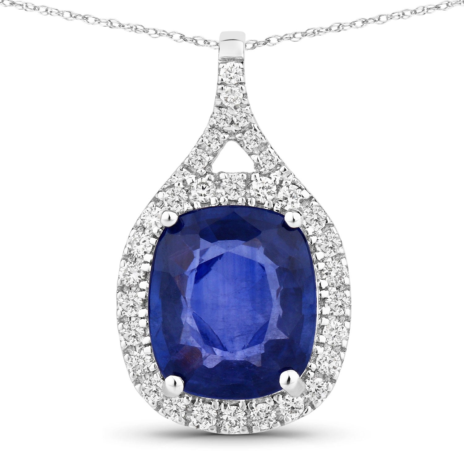 2.73 Ct Genuine Cushion Ceylon Blue Sapphire and Diamond 18K White Gold Halo Pendant