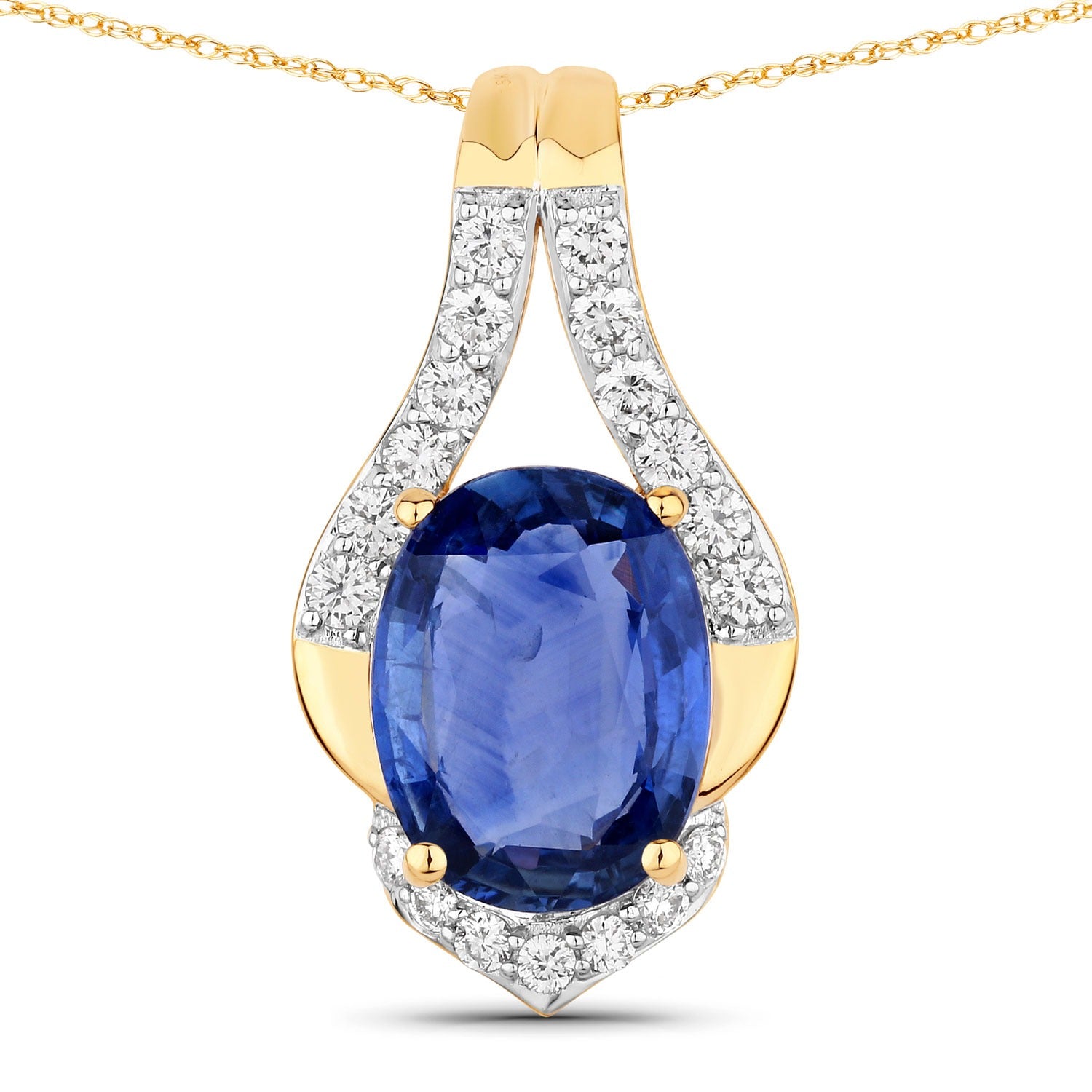 4.13 Ct Genuine Oval Ceylon Blue Sapphire and Diamond 18K Yellow Gold Statement Pendant