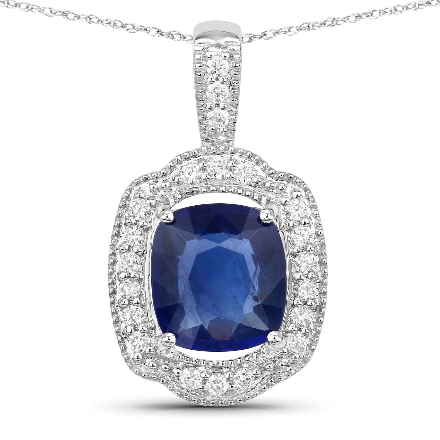 2.53 Ct Genuine Cushion Ceylon Blue Sapphire and Diamond 18K White Gold Halo Pendant