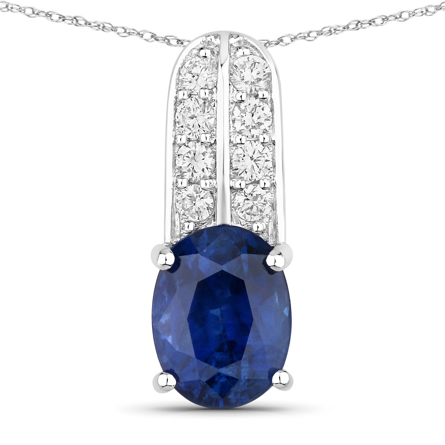 2.74 Ct Genuine Oval Ceylon Blue Sapphire and Diamond 18K White Gold Slide Pendant