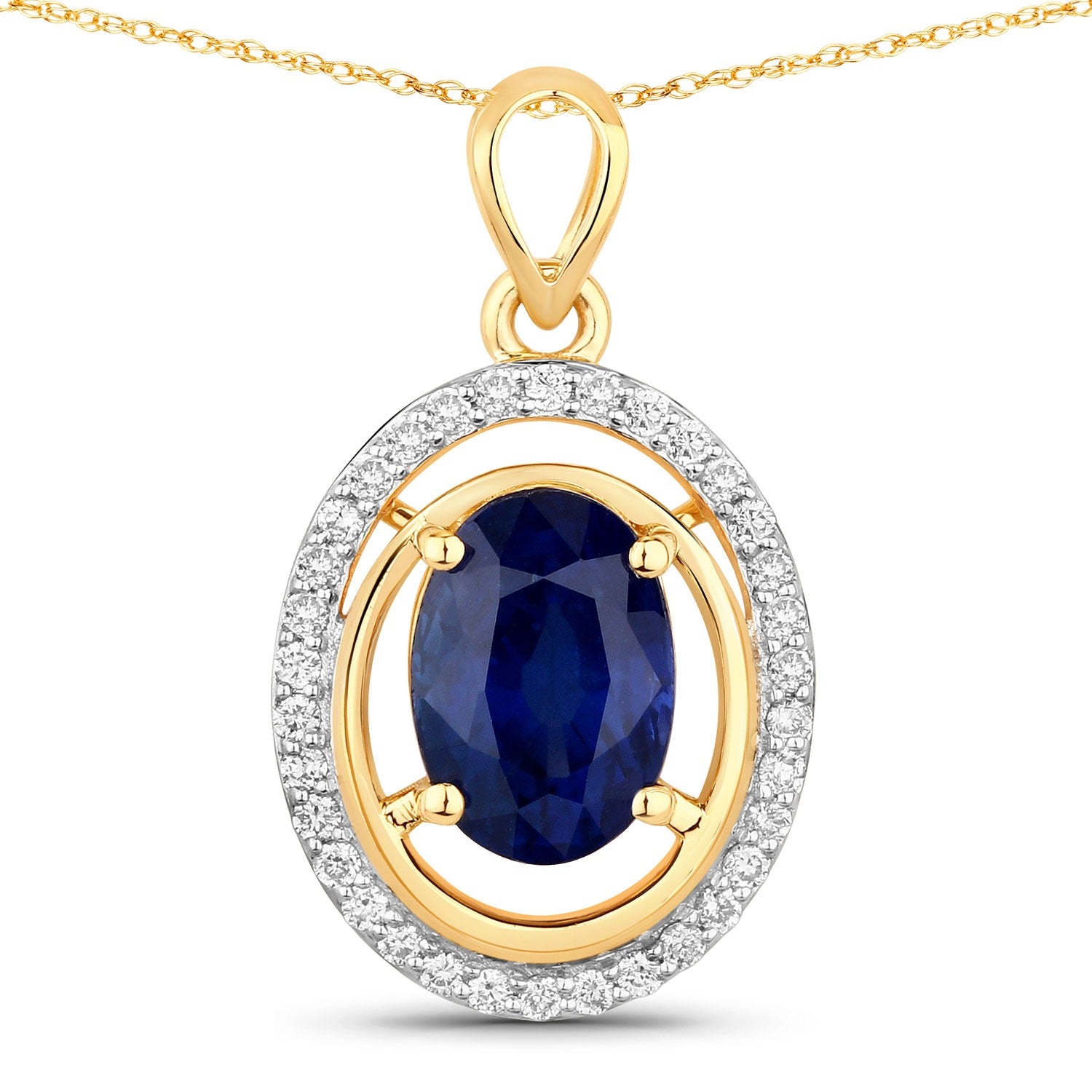 2.59 Ct Genuine Oval Ceylon Blue Sapphire and Diamond 18K Yellow Gold Statement Pendant