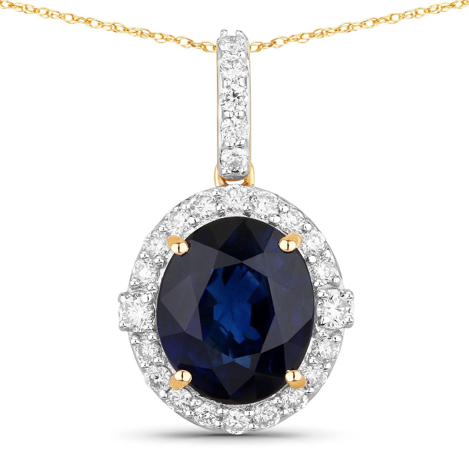 2.58 Ct Genuine Oval Ceylon Blue Sapphire and Diamond 18K Yellow Gold Halo Pendant