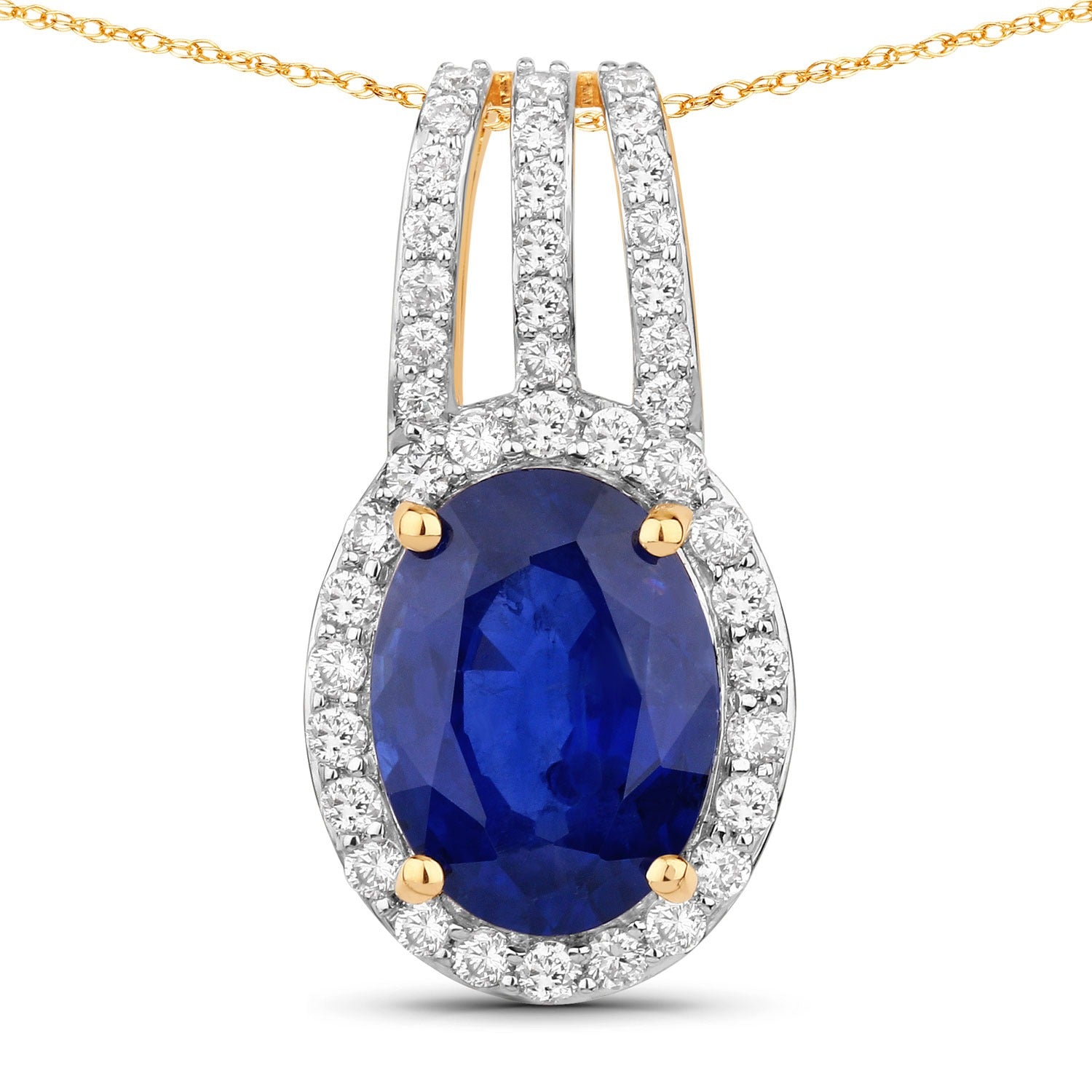 4.06 Ct Genuine Oval Ceylon Blue Sapphire and Diamond 18K Yellow Gold Statement Pendant