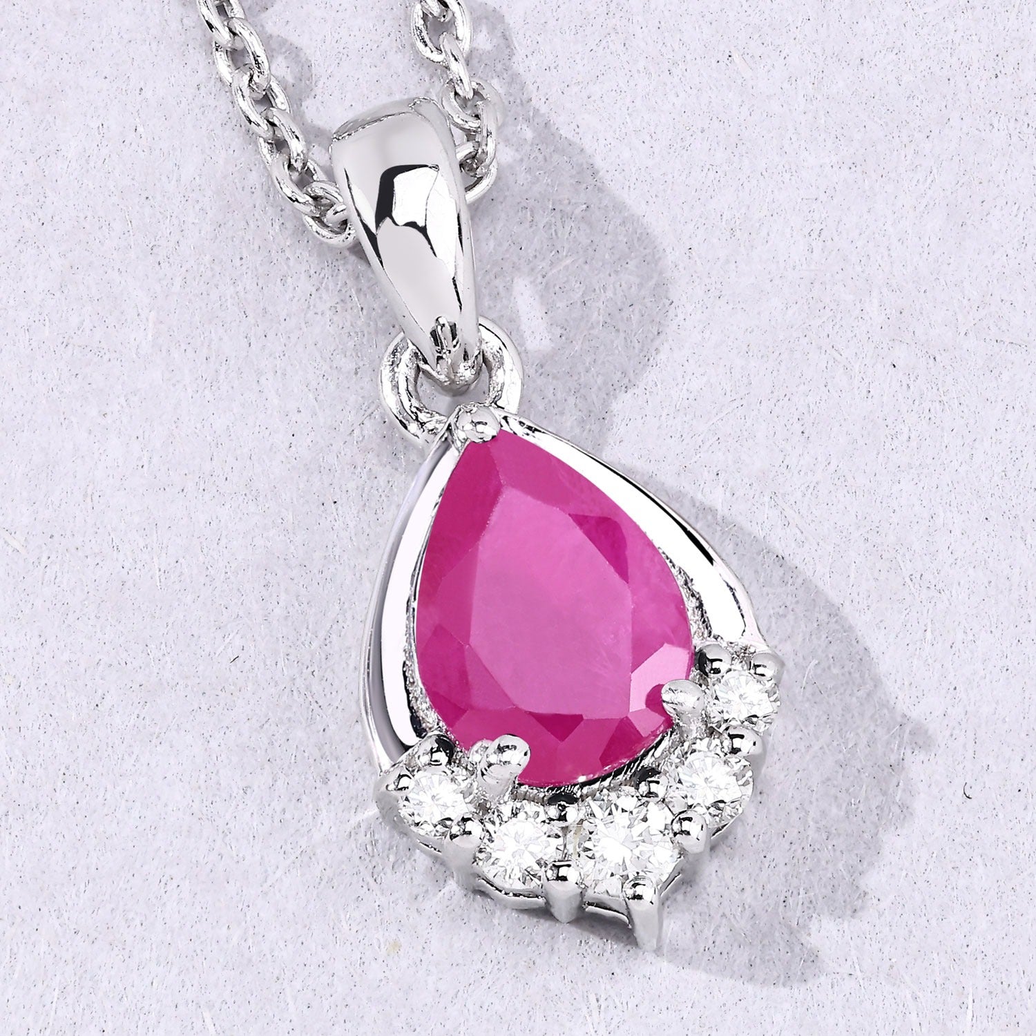 0.90 Ct Genuine Pear Shaped Mozambique Ruby and Lab Grown Diamond Silver Necklace
