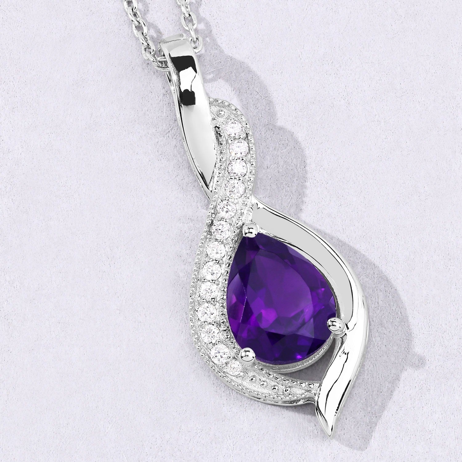 1.52 Ct Genuine Amethyst and Lab Diamond Silver Teardrop Crossover Pendant Necklace Fine Color Jewels