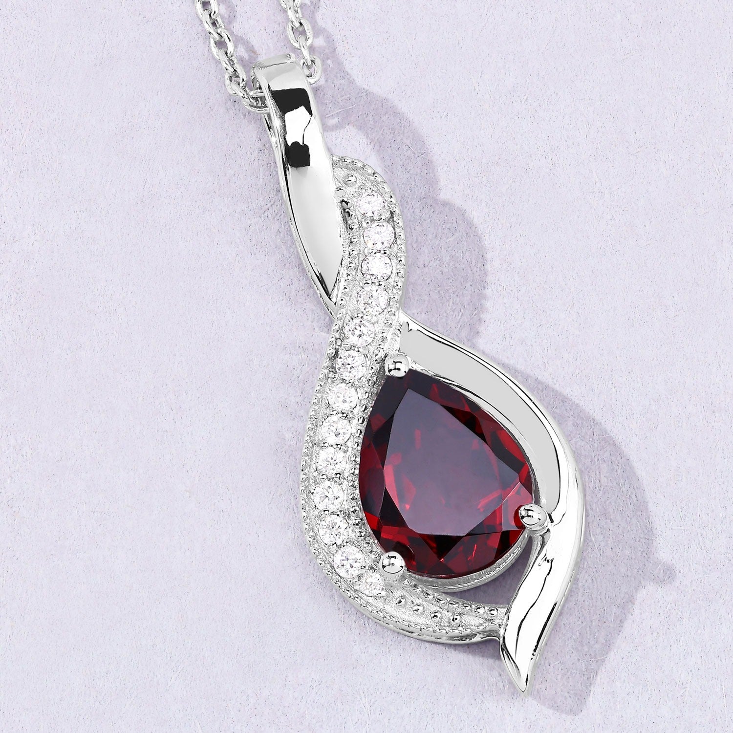 1.92 Ct Genuine Mozambique Garnet and Lab Diamond Silver Teardrop Crossover Pendant Necklace Fine Color Jewels
