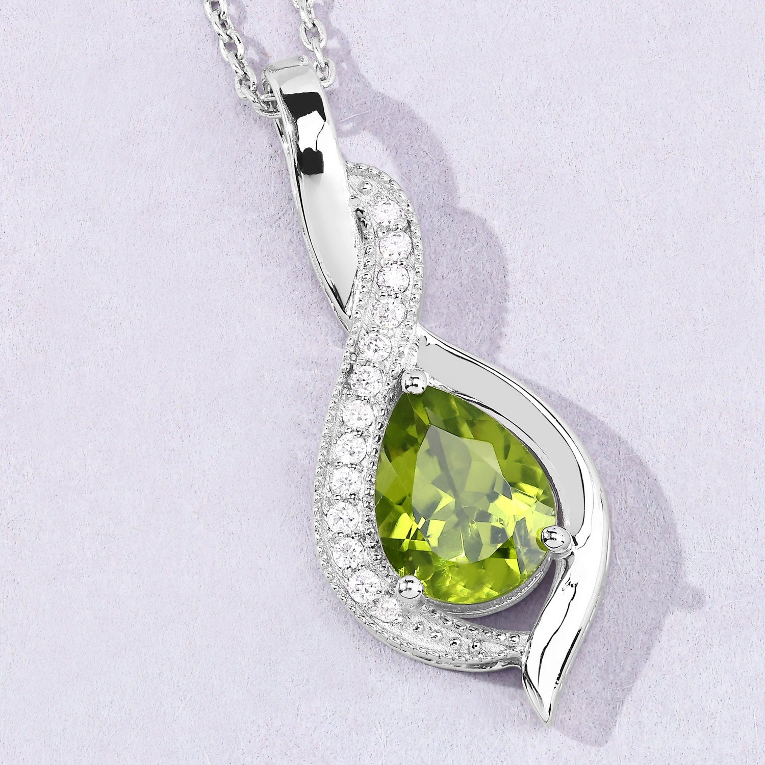 1.58 Ct Genuine Peridot and Lab Grown Diamond Silver Teardrop Crossover Pendant Necklace Fine Color Jewels