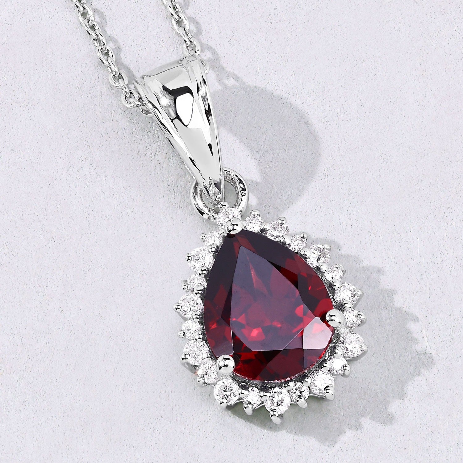 2.70 Ct Genuine Mozambique Garnet and Lab Grown Diamond Silver Halo Necklace