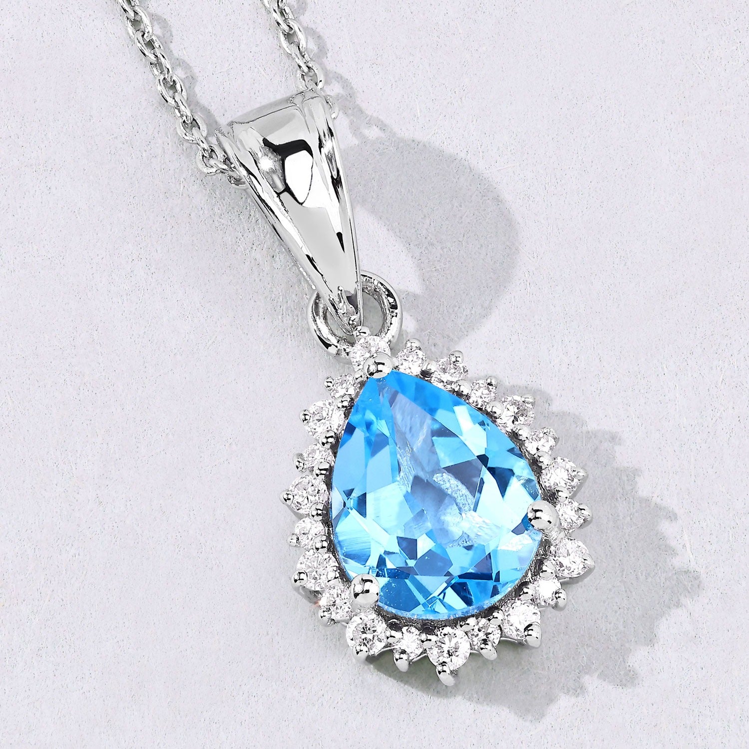 2.85 Ct Genuine Swiss Blue Topaz and Lab Diamond Silver Halo Necklace Fine Color Jewels