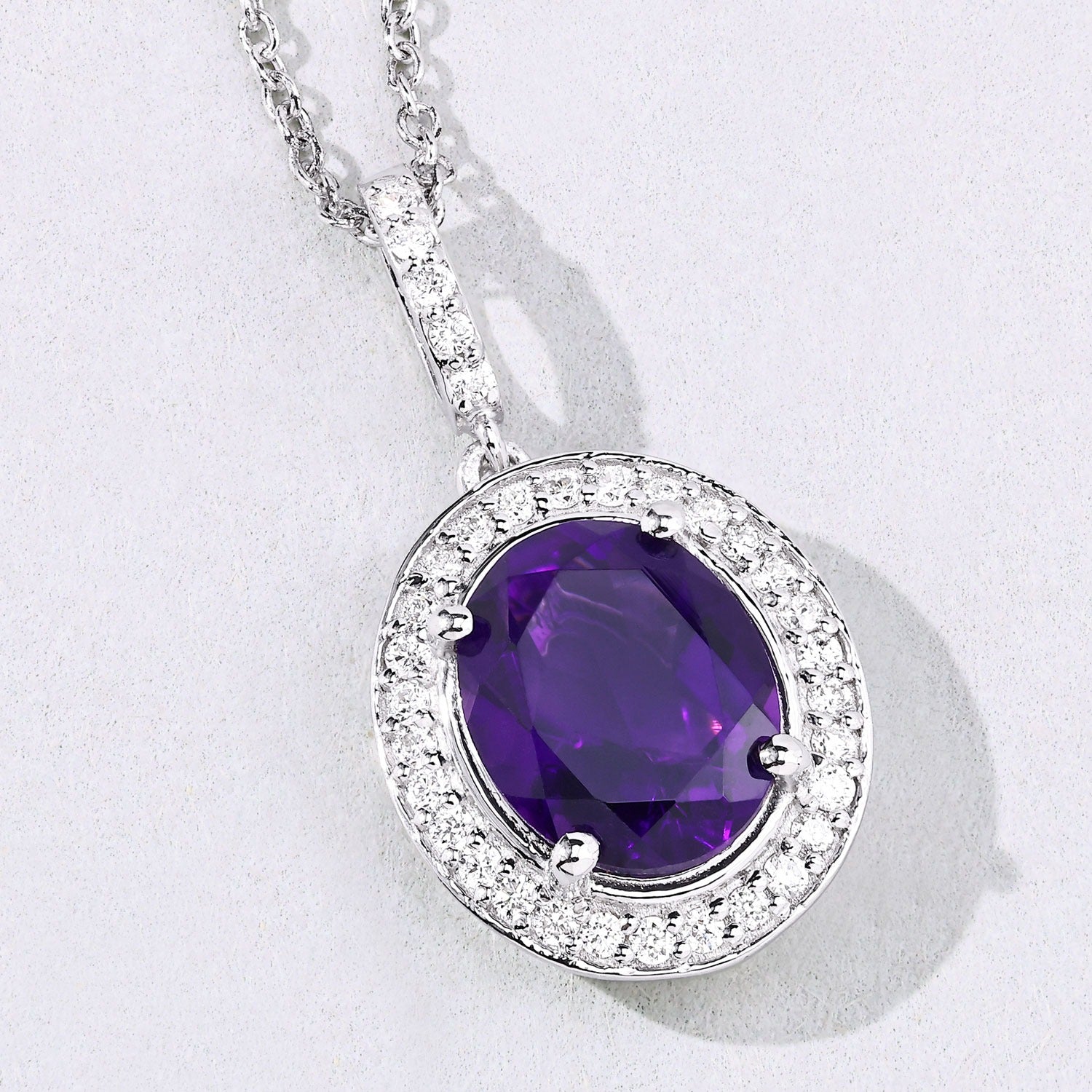2.46 Ct Genuine Oval Amethyst and Lab Diamond Silver Halo Necklace