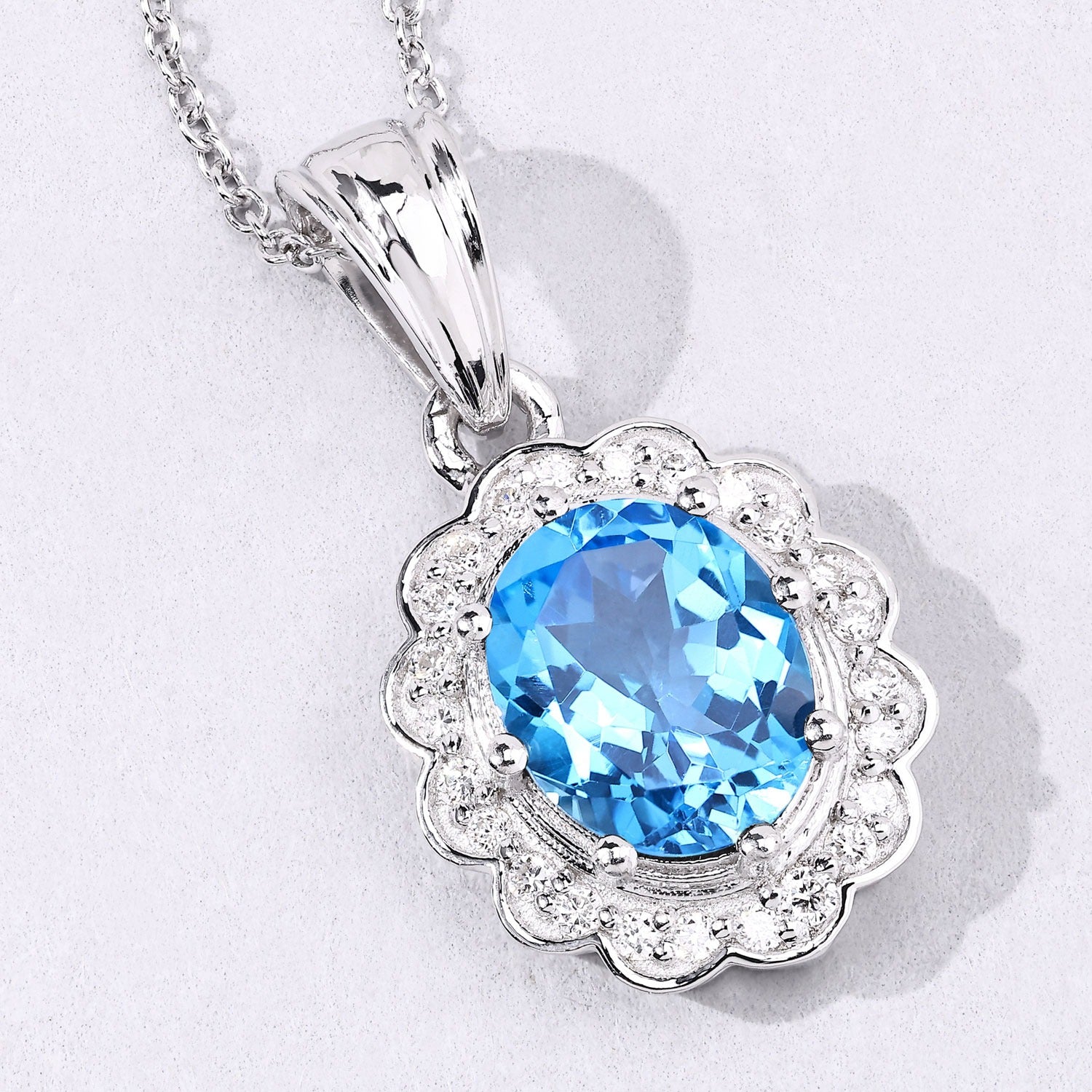 2.79 Ct Genuine Oval Swiss Blue Topaz and Lab Diamond Silver Halo Necklace