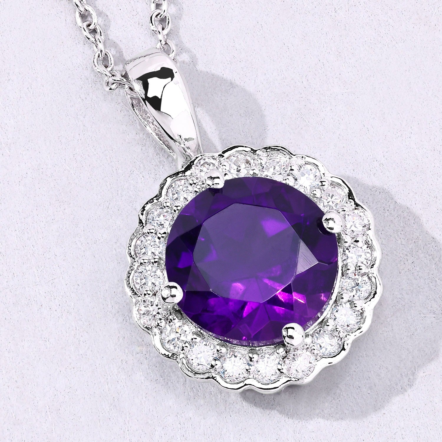 2.70 Ct Genuine Purple Amethyst and Lab Diamond Silver Halo Necklace