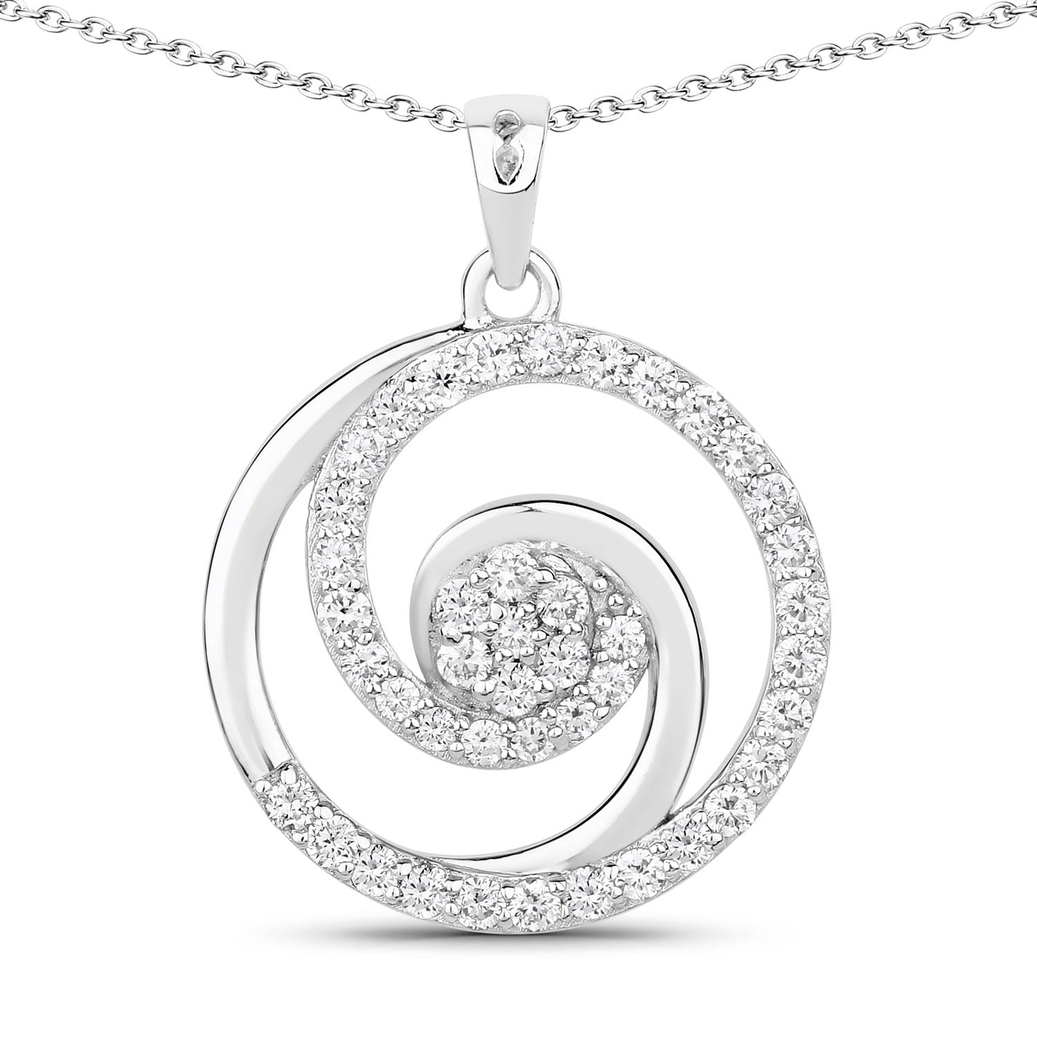 0.75 Cttw Round Lab Diamond Rhodium Plated Silver Spiral Galaxy Circle Pendant Necklace