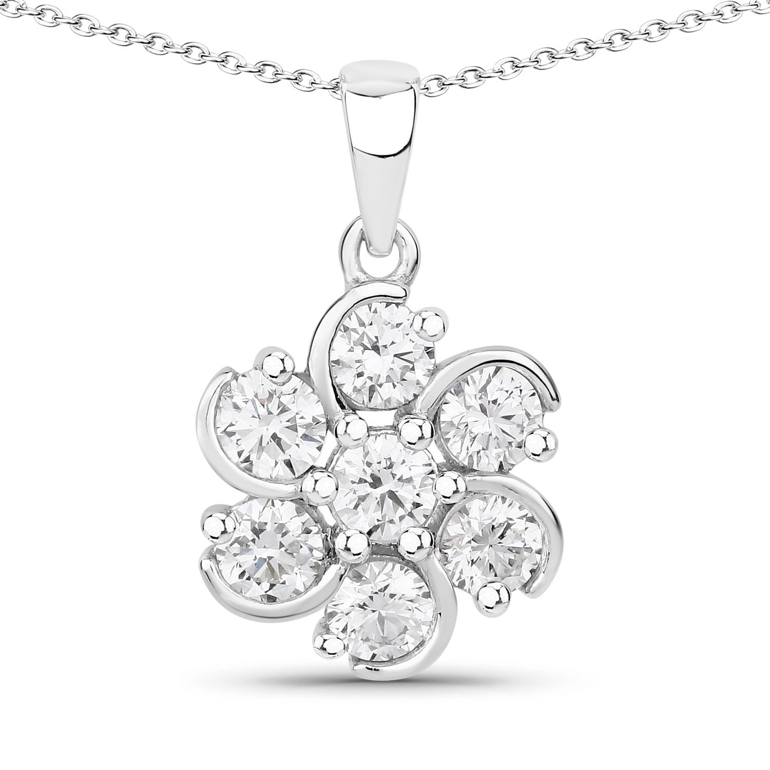 1 Cttw Round Lab Diamond Rhodium Plated Silver Floral Cluster Pendant Necklace