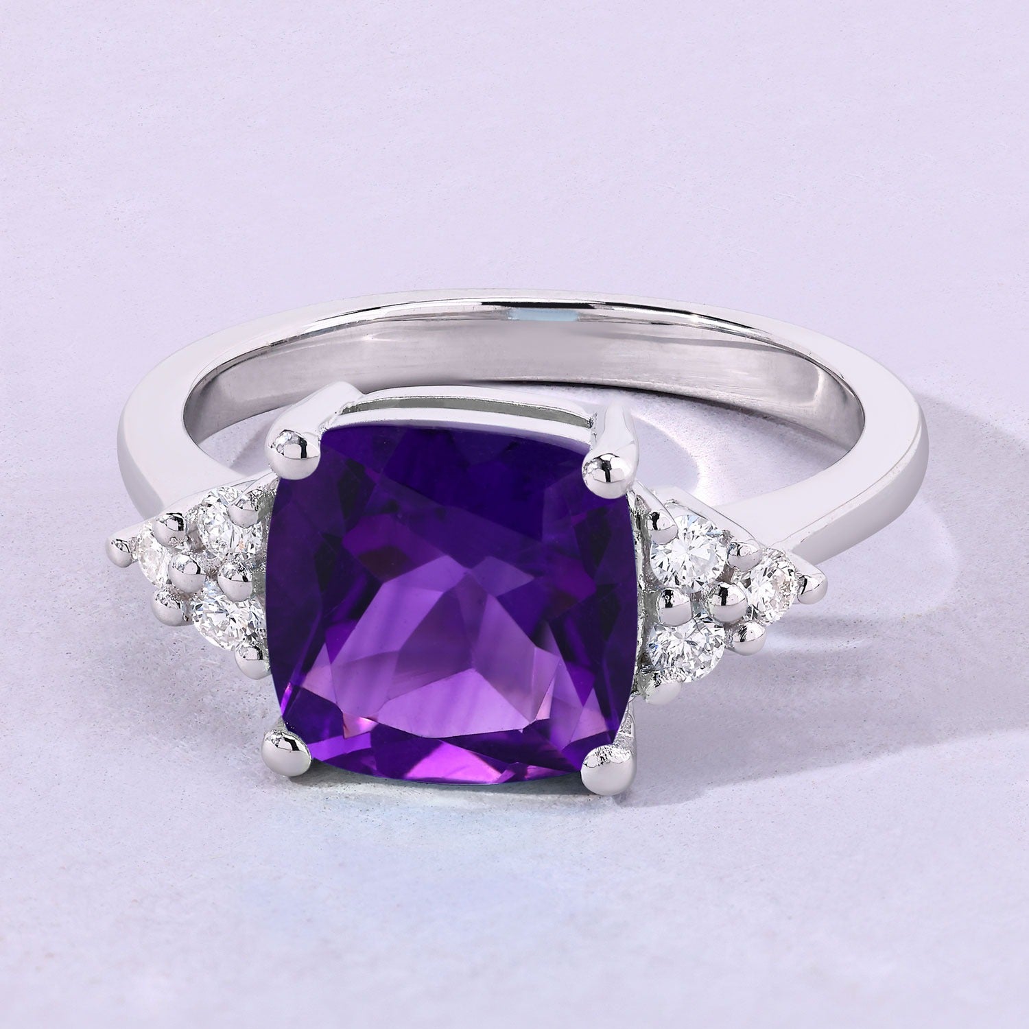 2.81 Ct Genuine Amethyst and Lab Grown Diamond Silver Cushion Cocktail Ring Fine Color Jewels