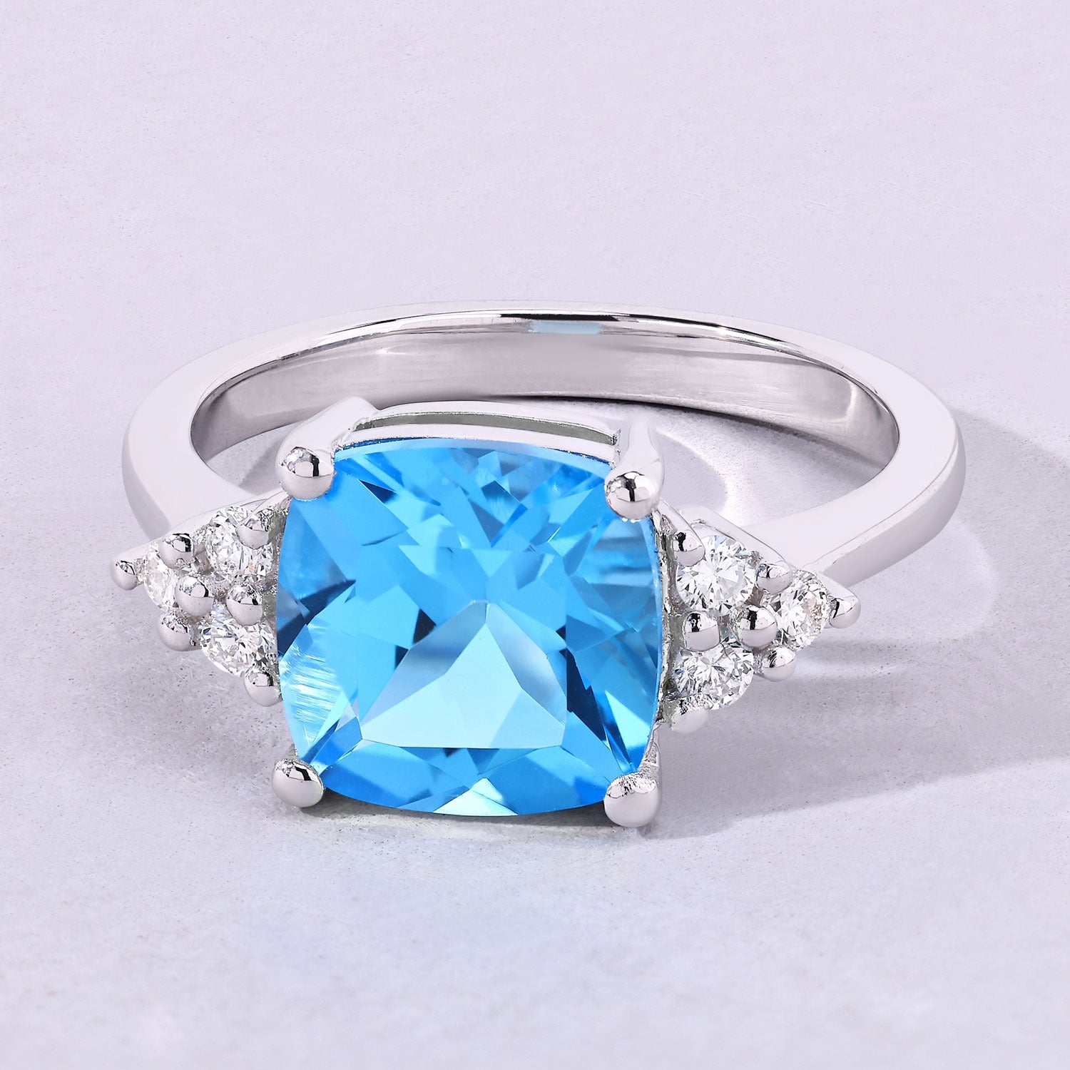 3.61 Ct Genuine Swiss Blue Topaz and Lab Diamond Silver Cushion Cocktail Ring Fine Color Jewels