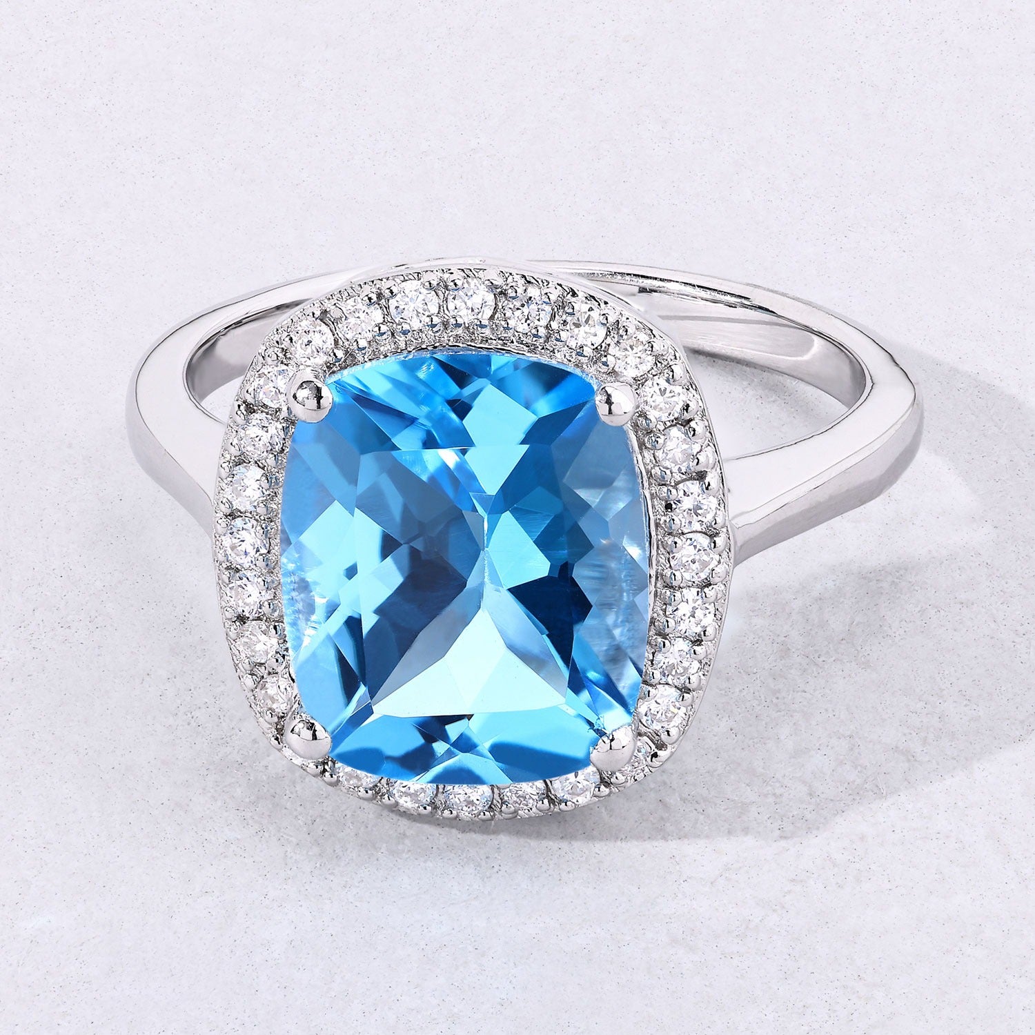 4.31 Ct Genuine Swiss Blue Topaz and Lab Diamond Silver Halo Ring Fine Color Jewels