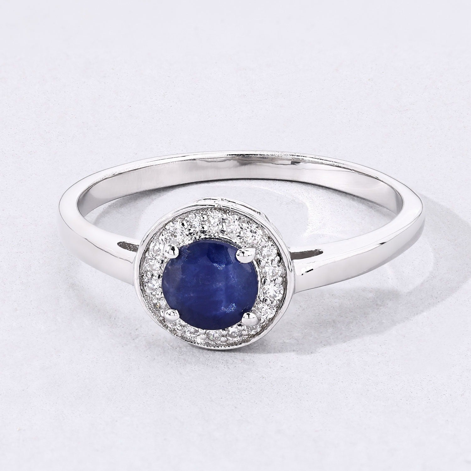 0.74 Ct Genuine Blue Sapphire and Lab Grown Diamond Silver Halo Ring Fine Color Jewels
