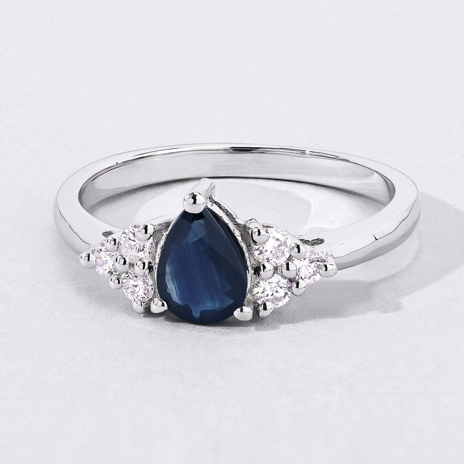 1.01 Ct Genuine Blue Sapphire and Lab Diamond Sterling Silver Pear Cut Cocktail Ring Fine Color Jewels