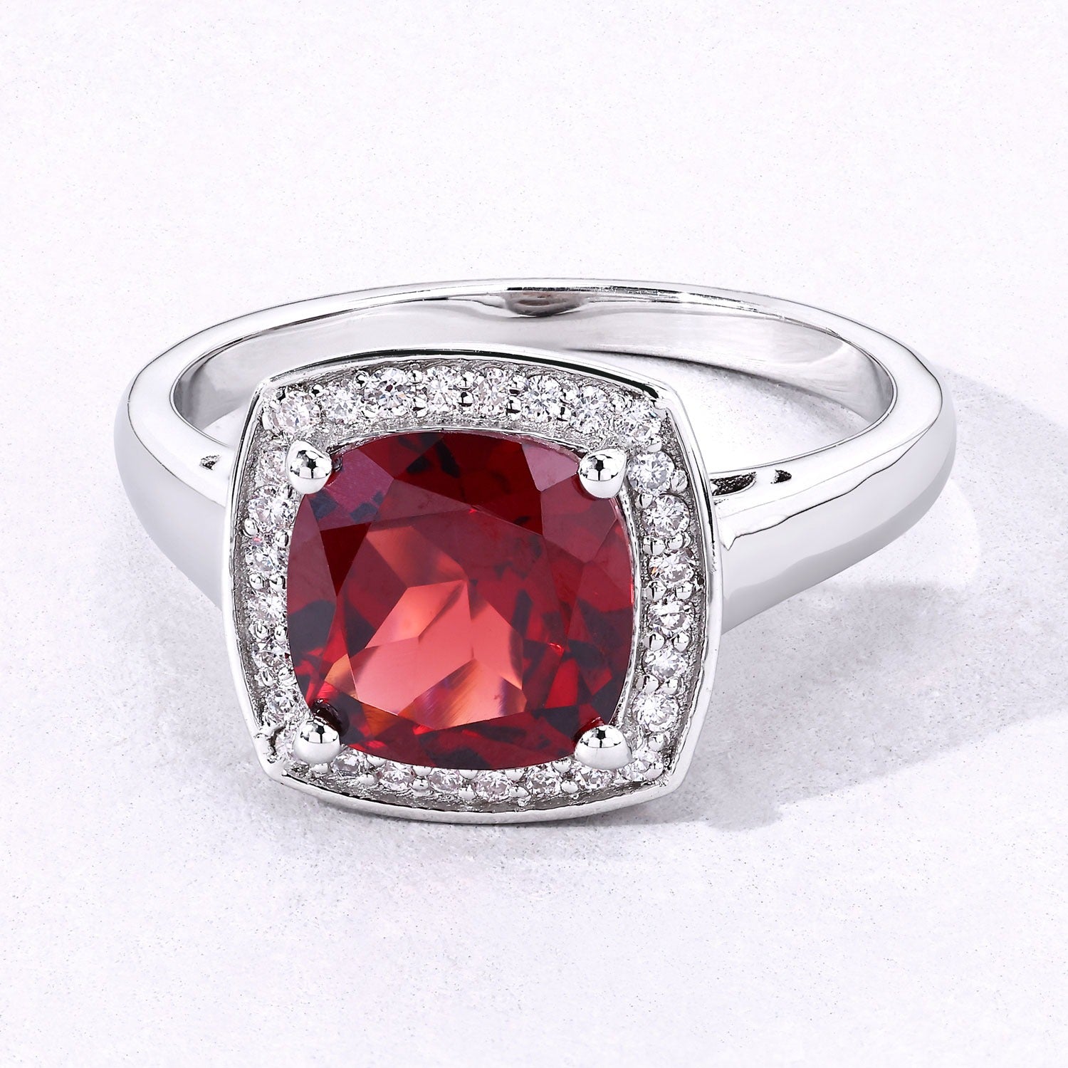 2.52 Ct Genuine Cushion Cut Garnet Lab Diamond Silver Halo Ring Fine Color Jewels