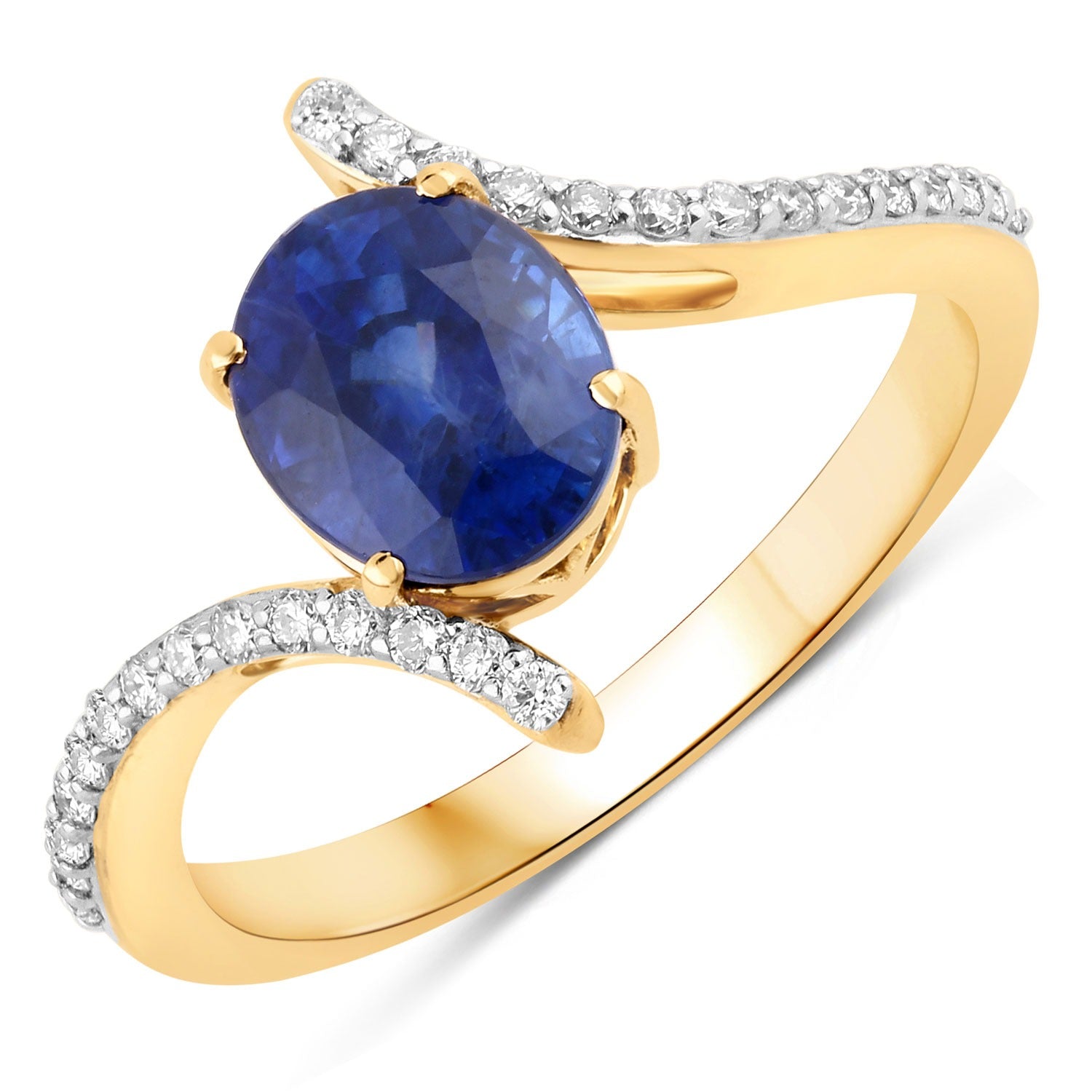 2.42 Ct Genuine Ceylon Blue Sapphire Diamond Pave Bypass Ring 18K Yellow Gold