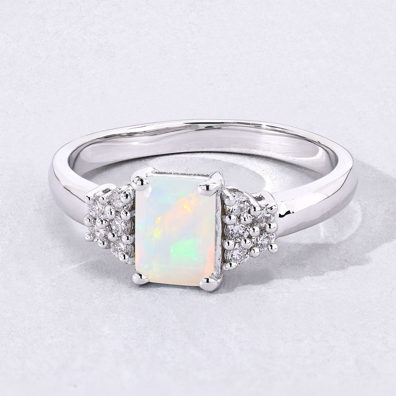 1.14 Ct Genuine Ethiopian Opal and Lab Diamond Silver Octagon Bridge Ring Fine Color Jewels