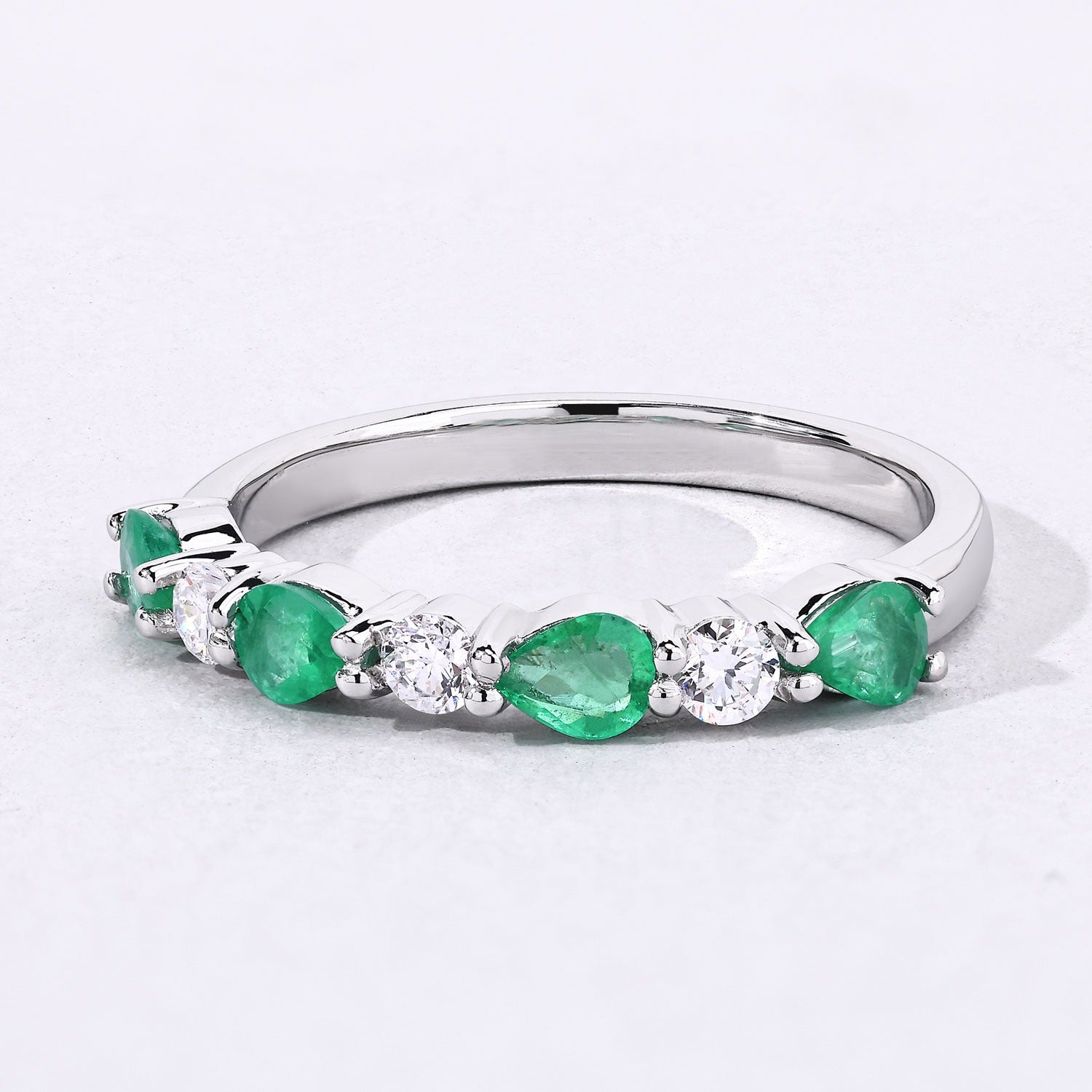 0.74 Ct Genuine Zambian Emerald and Lab Diamond Silver Eternity Ring Fine Color Jewels