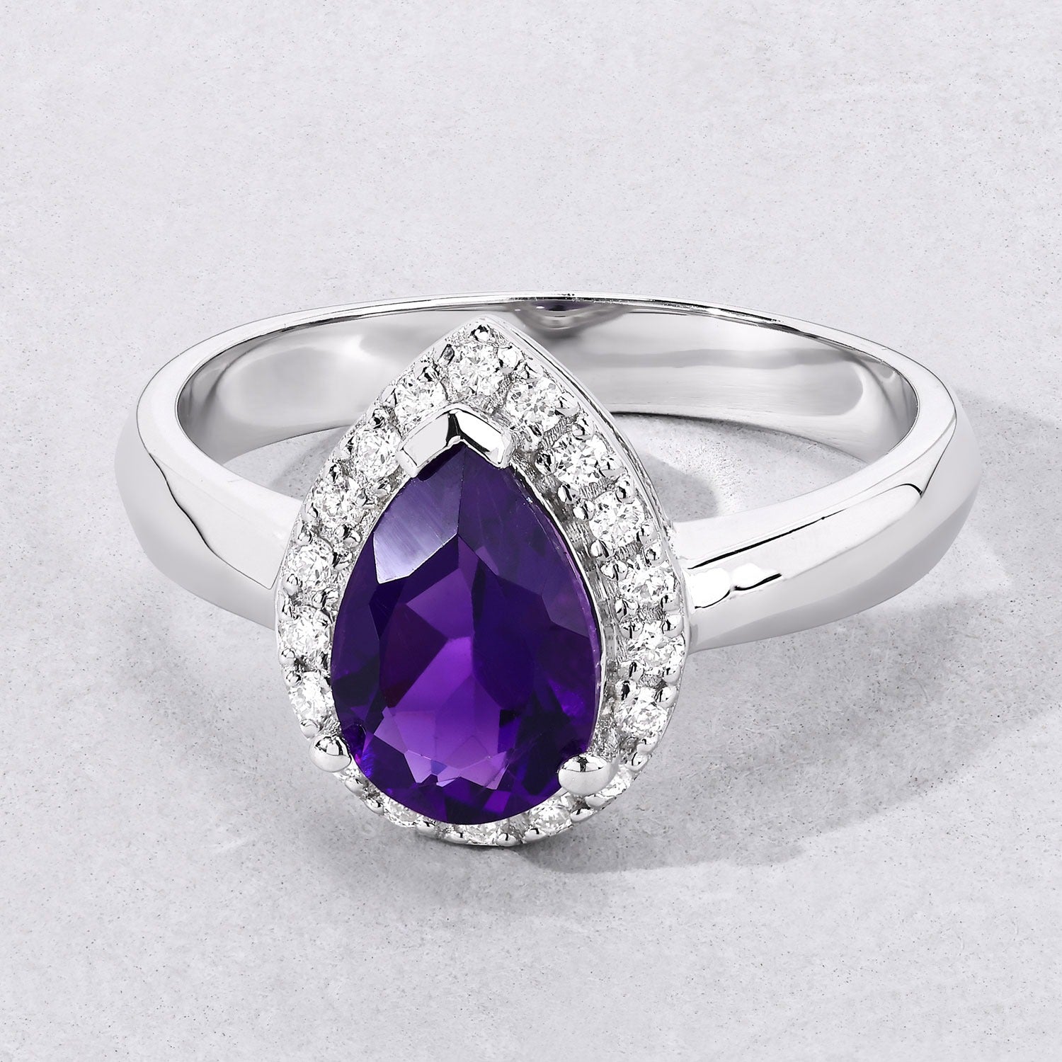 1.15 Ct Pear Purple Amethyst and Lab Diamond Prong Silver Halo Ring