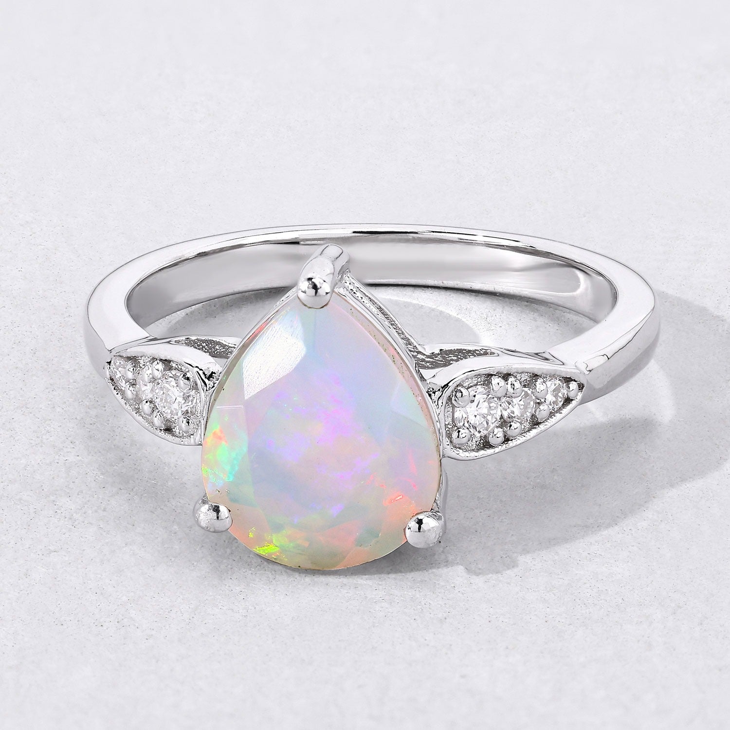 1.40 Ct Pear White Ethiopian Opal & Lab Diamond Prong Silver Cocktail Ring