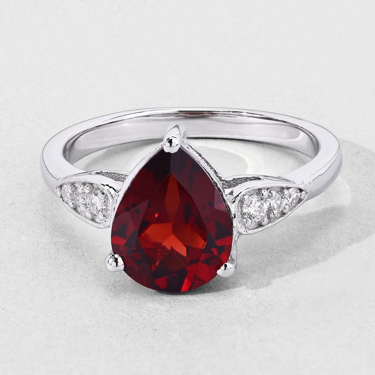 2.45 Ct Pear Red Mozambique Garnet & Lab Diamond Prong Silver Cocktail Ring